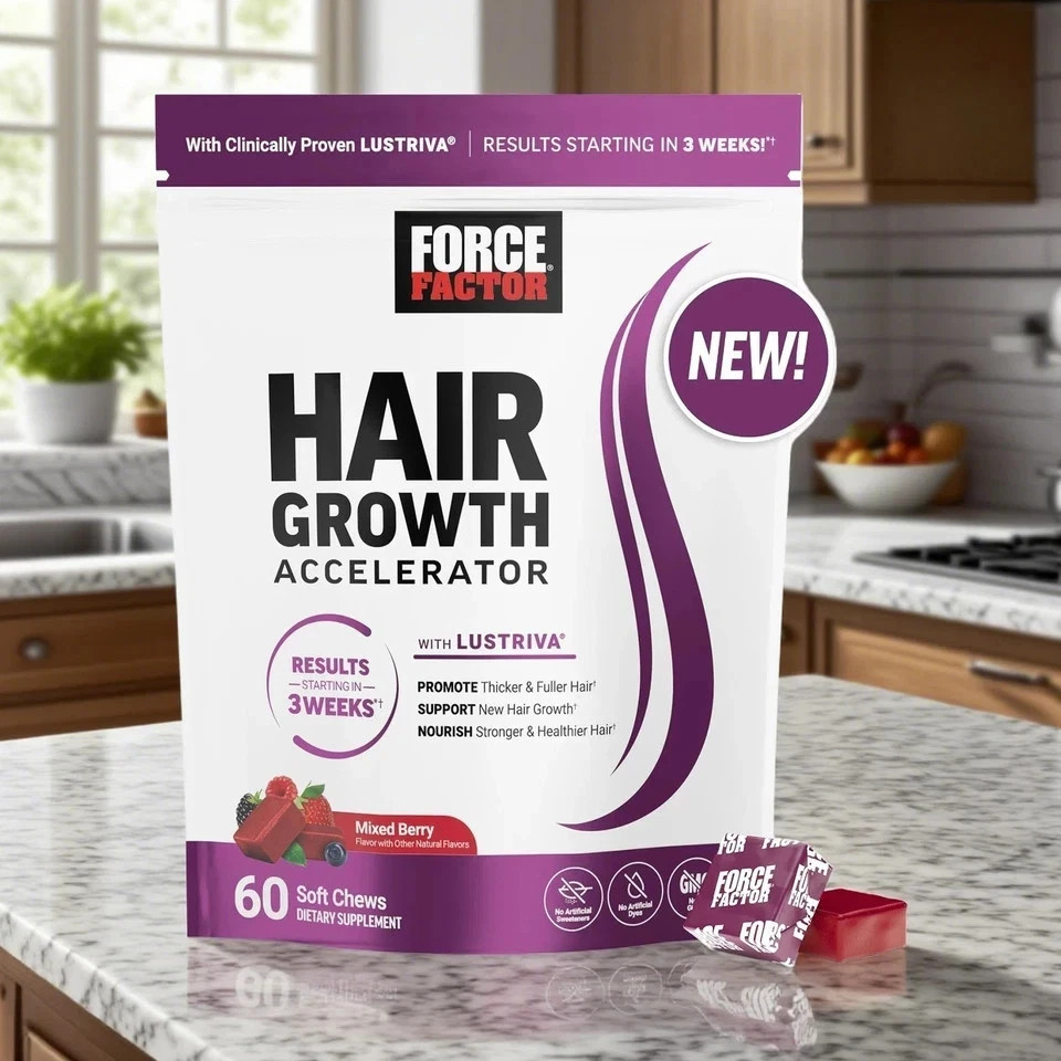 Force Factor Hair Growth Accelerator, Mixed Berry, 60 Soft Chews Free Shipping ！