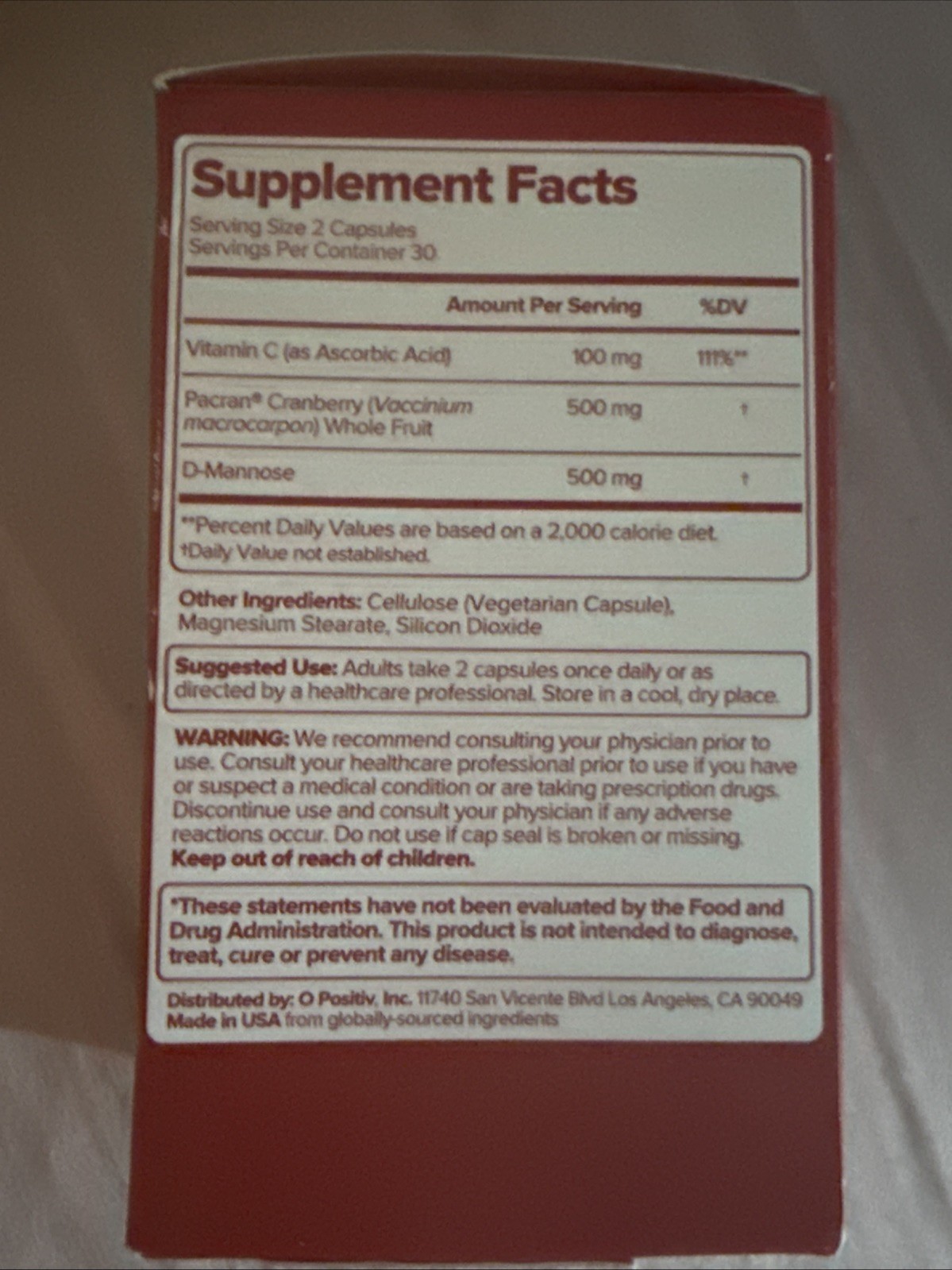 O Positiv URO Urinary Tract Vitamin Capsules Cranberry D-Mannose 60ct 7/27 …Q