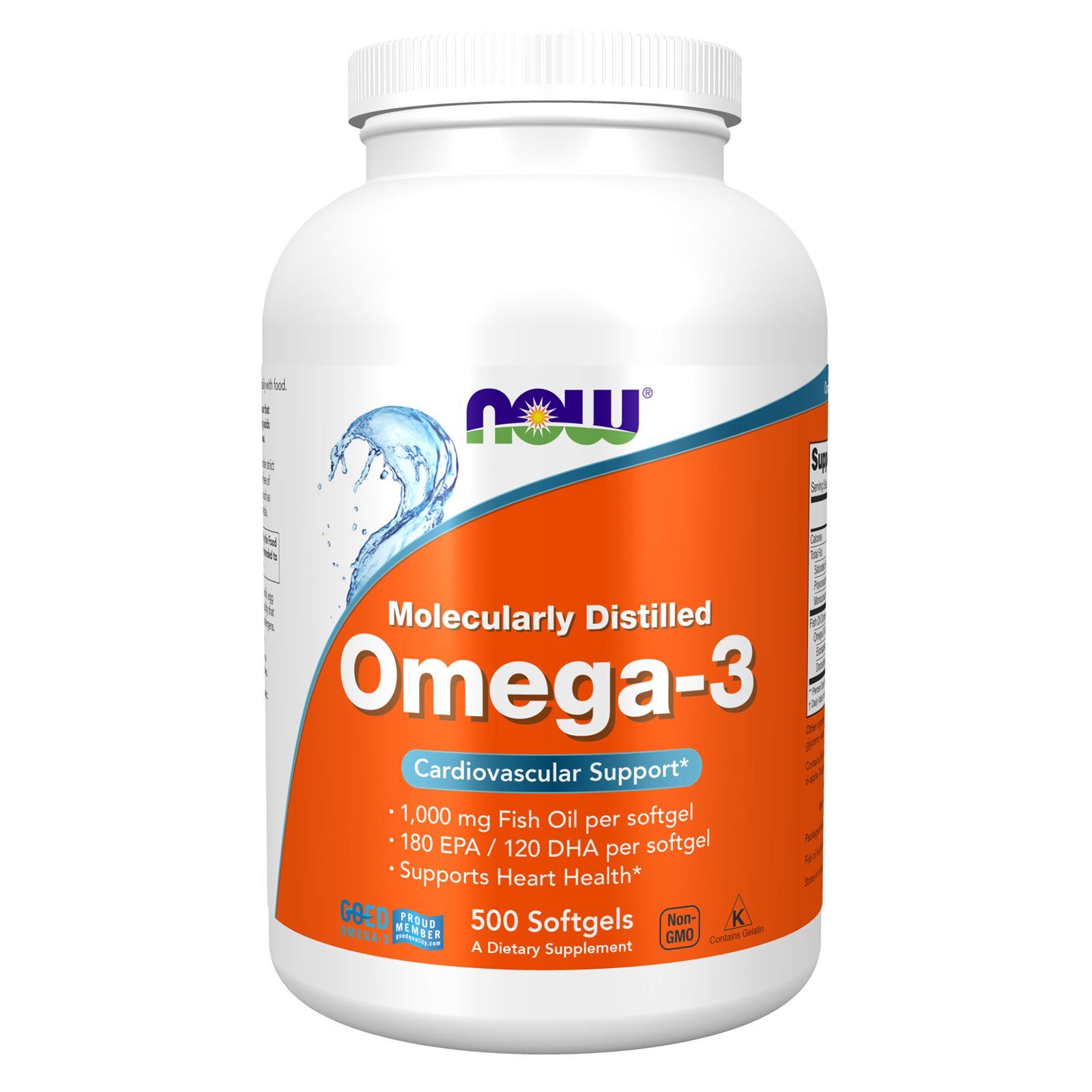 NOW Omega-3 Fish Oil Molecularly Distilled 500 Softgels, Cardiovascular support