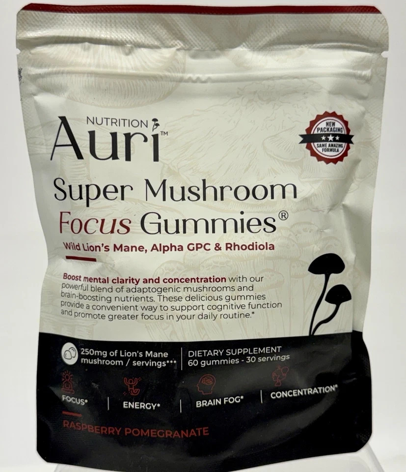 Auri Super Mushroom Focus Gummies 60 Ct Lion’s Mane Raspberry Pomegranate, New