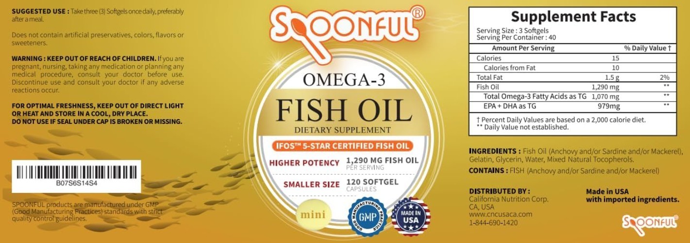 1290 mg Omega 3 Fish Oil Mini Softgels – Brain Health, 120 Count Bottle