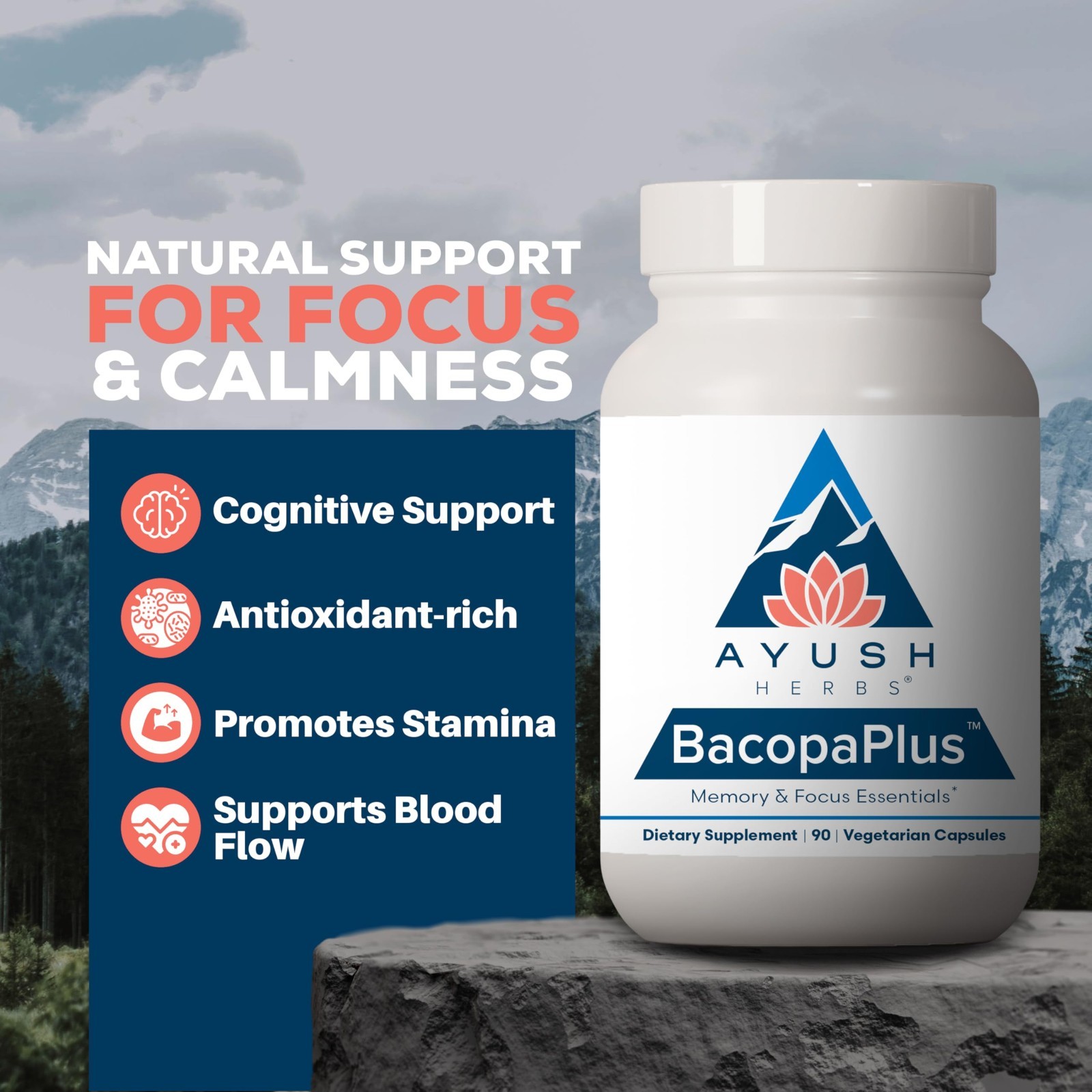 Organic Bacopa Supplements for Memory & Focus, Cognitive Support with Ginkgo & A