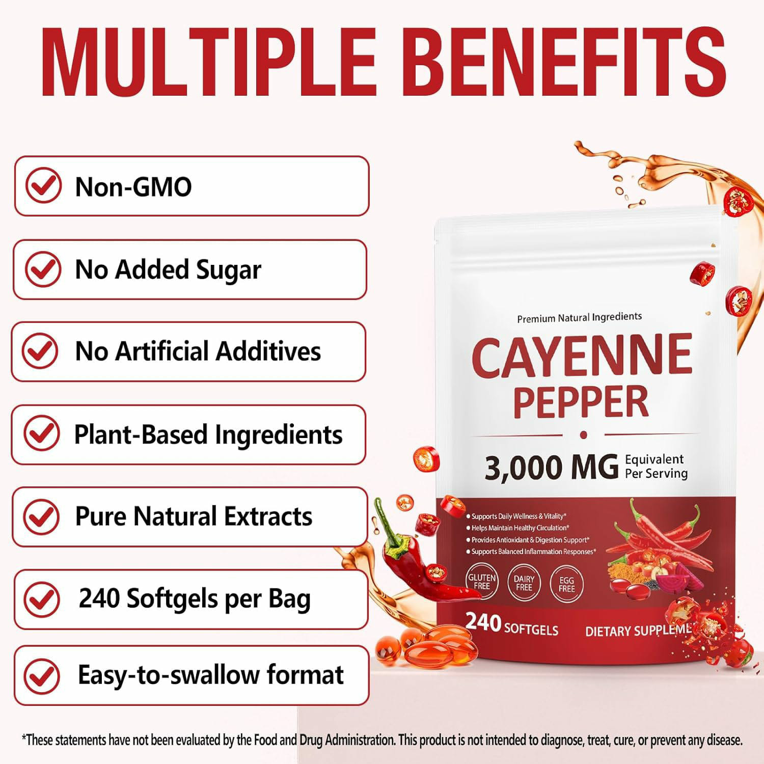 Cayenne Pepper Softgels 240 Ct D3 K2 E Turmeric Berberine Blood Circulation