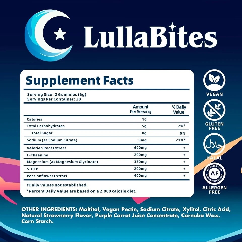1/2/3PCS NEW LullaBites Natural Sleep Gummies Strawberry Stars Flavor 60 Gummies
