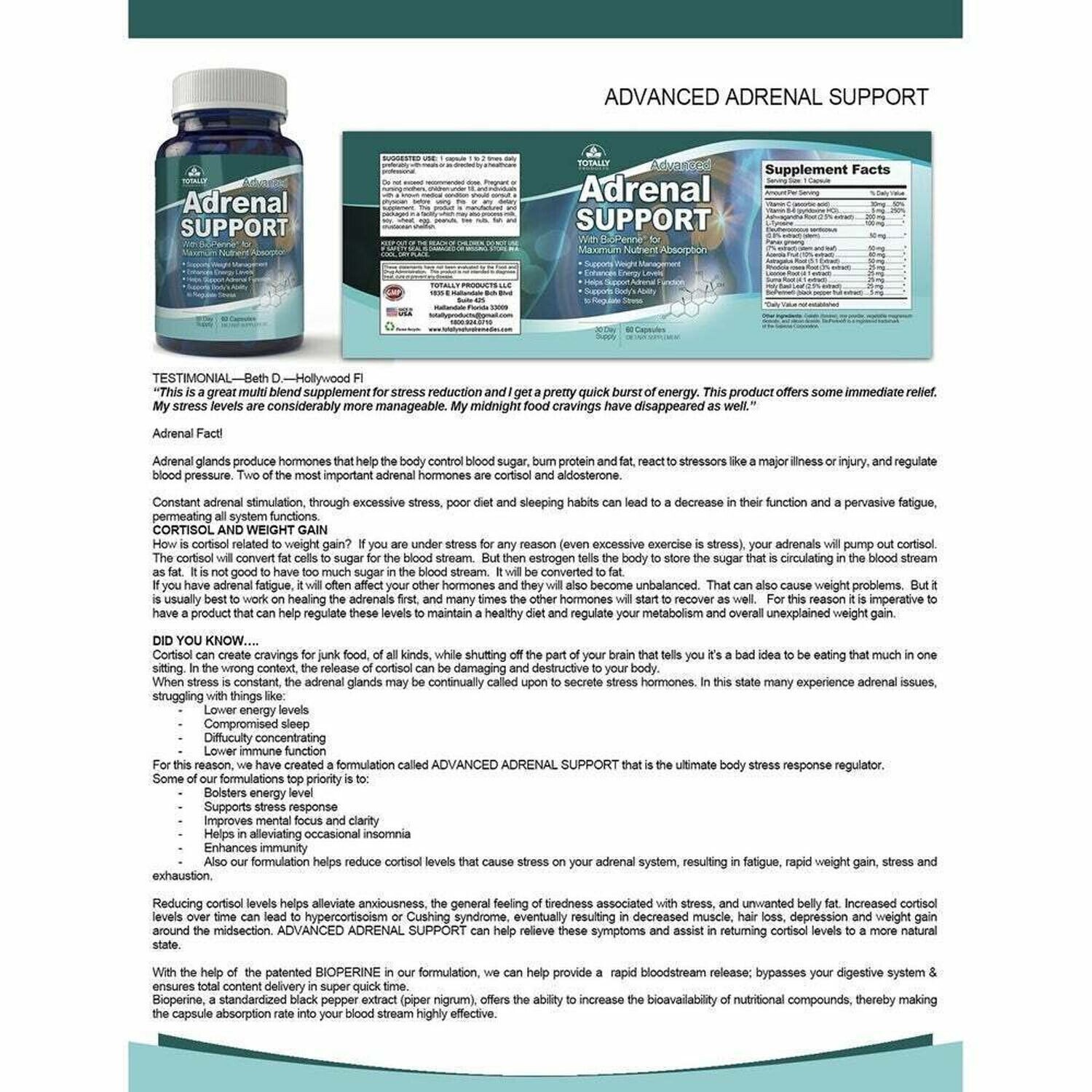 Adrenal Support Energy Dietary Supplement Apple Cider Vinegar Weight Management