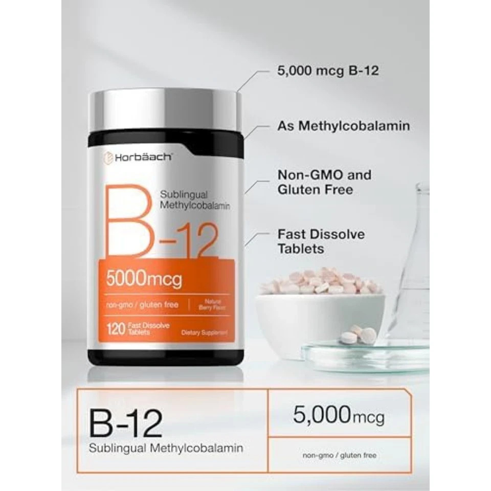 Horbaach Vitamin B12 5000mcg 120 Fast Dissolve Tablets Berry Vegan Non GMO