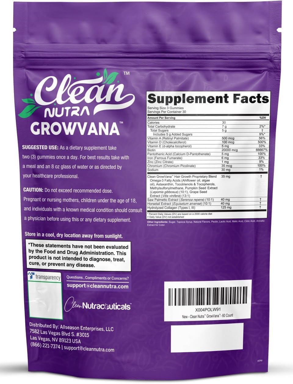 GrowVana Hair Growth Gummies Women Biotin Collagen Keratin Saw Palmetto 90ct