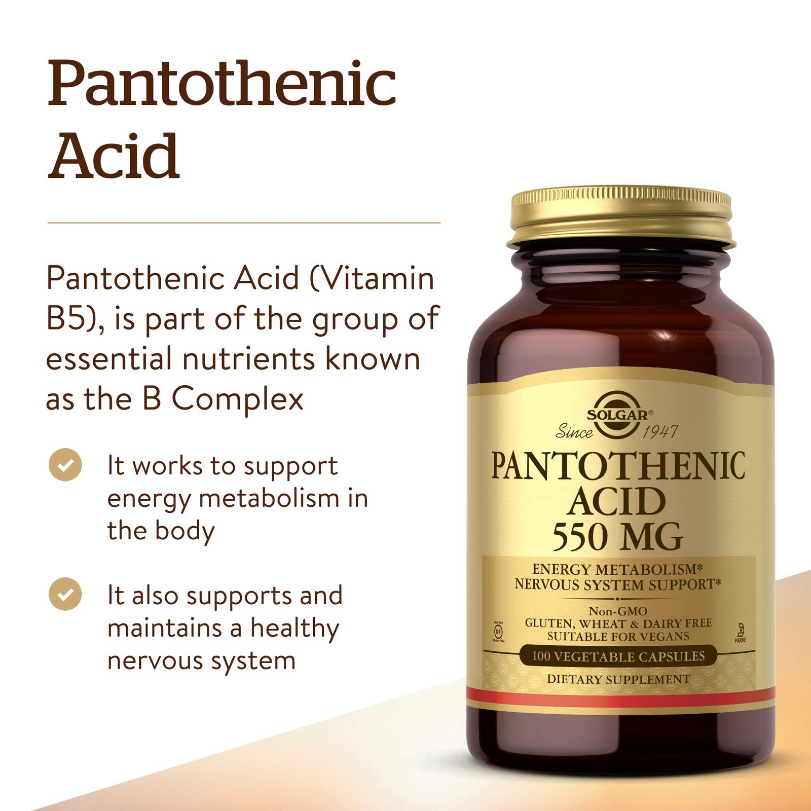 Solgar Pantothenic Acid 550 mg 100 Count (Pack of 1), Standard Packaging