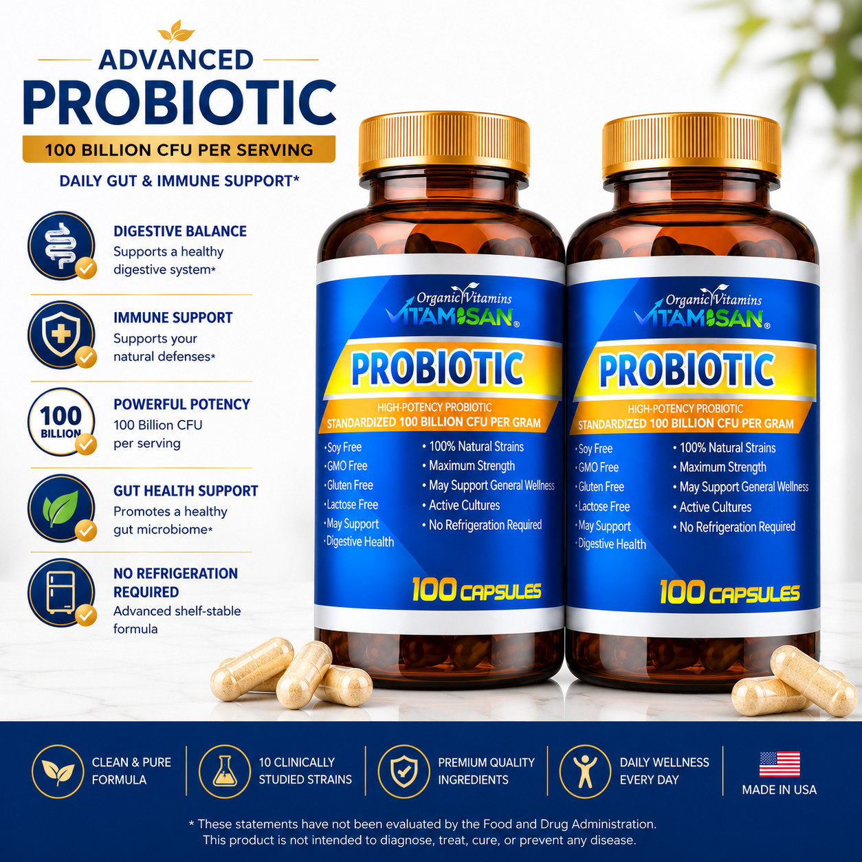 Probiotic 100 Billion CFU 200 Capsules Gut & Immune Support Digestive Health Sup