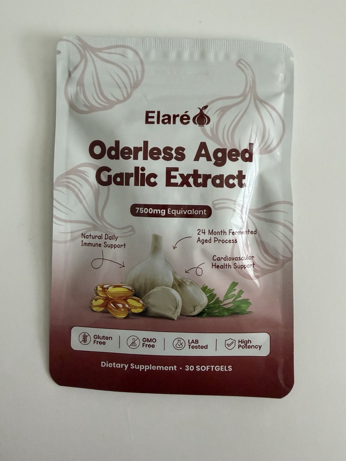 Elaré Odorless Aged Garlic Extract 7500mg 30 Softgels Exp 01/2028 New Sealed