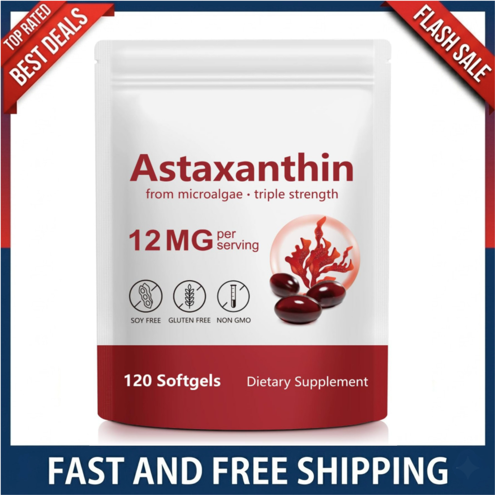 Astaxanthin 12mg 120 Softgels, 4 Month Supply,Triple Strength,Non-GMO,Eye Health
