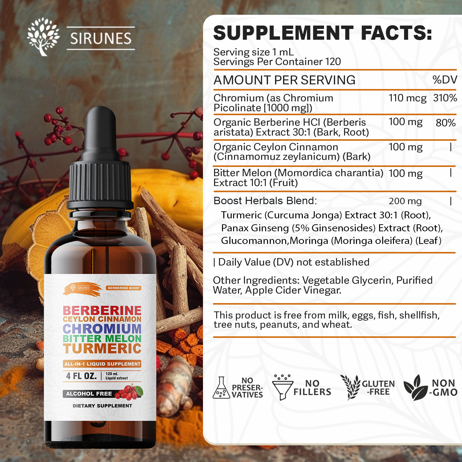Berberine Drops 4oz Ceylon Cinnamon Turmeric with Bitter Melon & Chromium