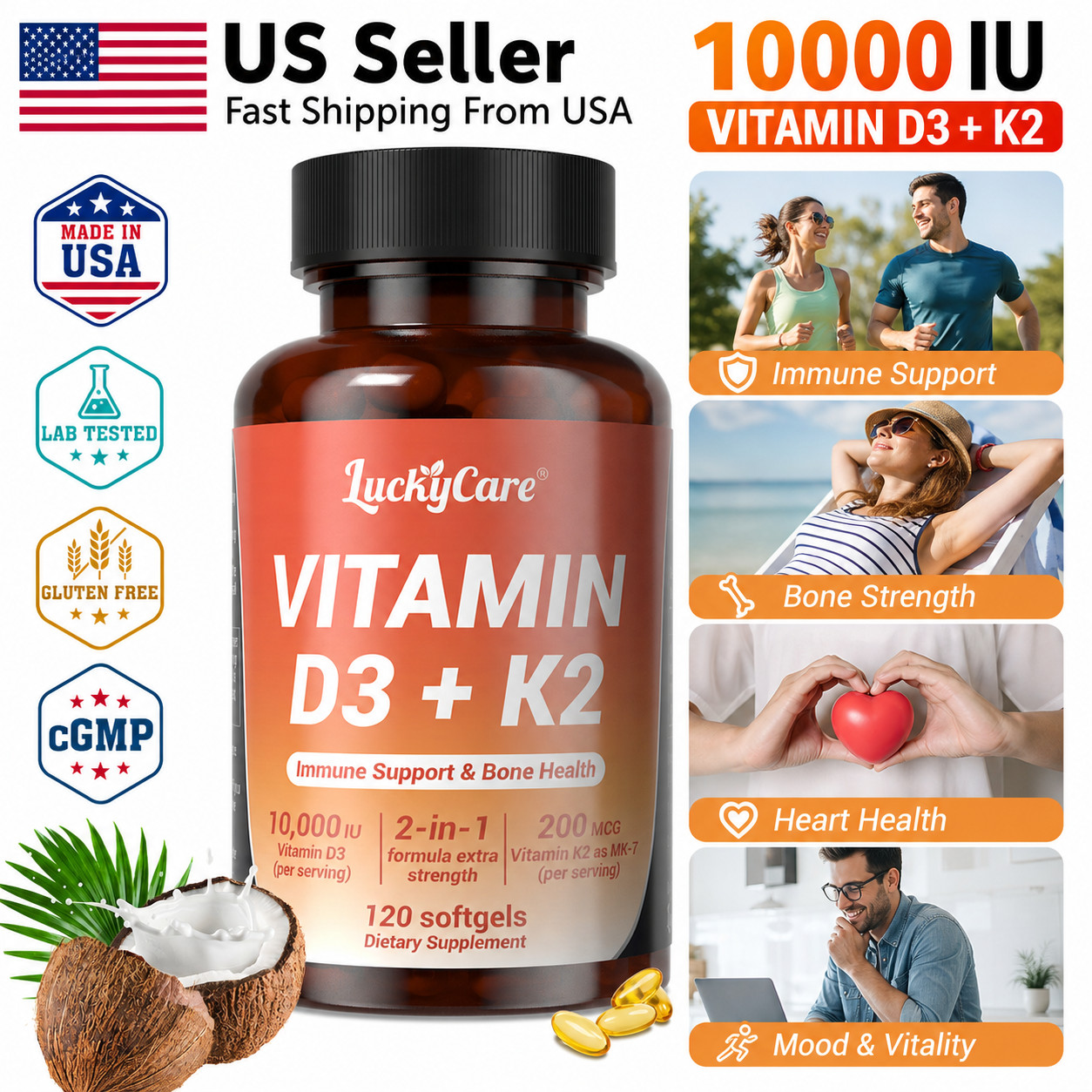 Vitamin D3 K2 10000 iu with Coconut Oil, VIT d3 and k2 Supplements, 120 Gel Caps