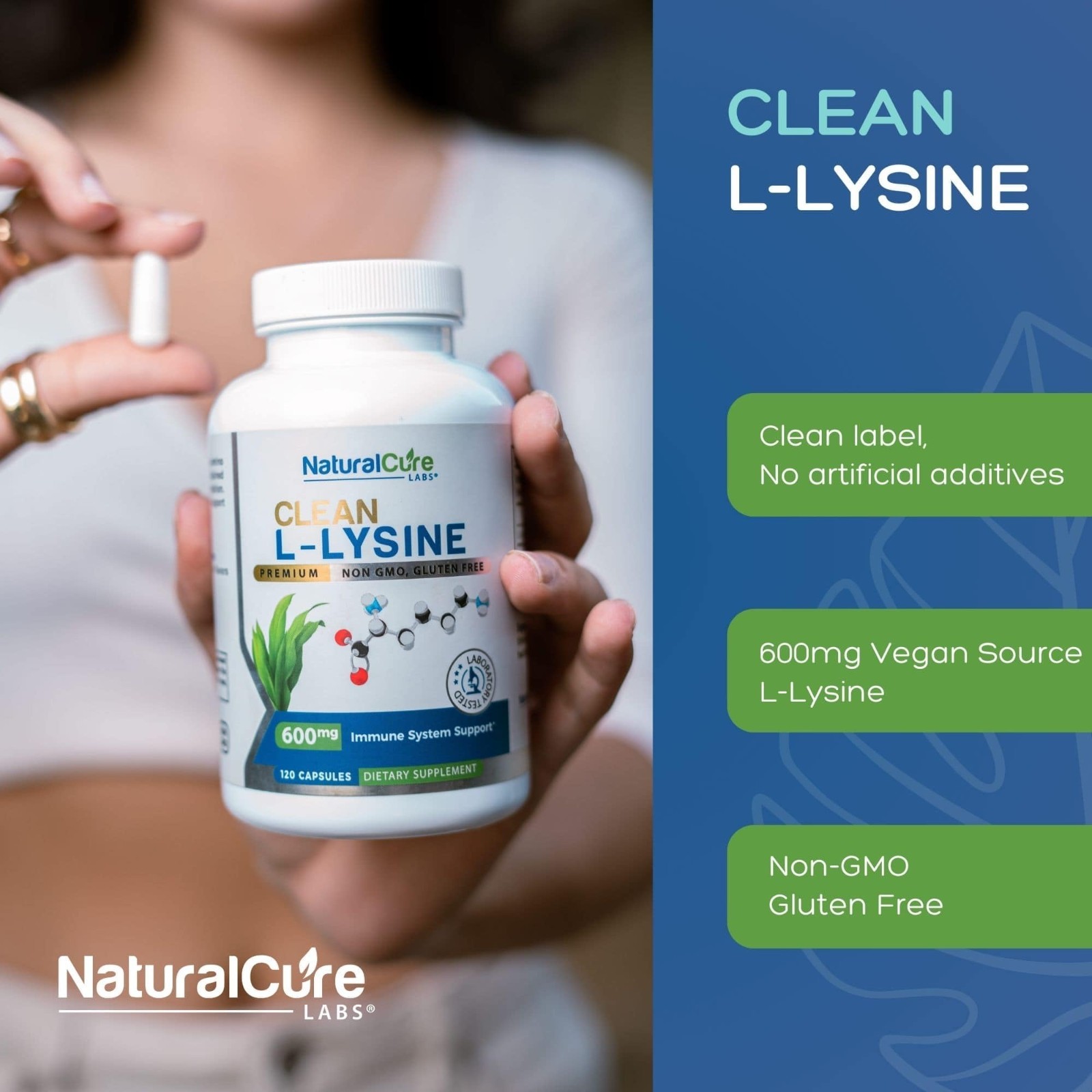 L-Lysine 600mg Capsules – Vegan, Non-GMO, Gluten-Free, Immune Support, 120 Count