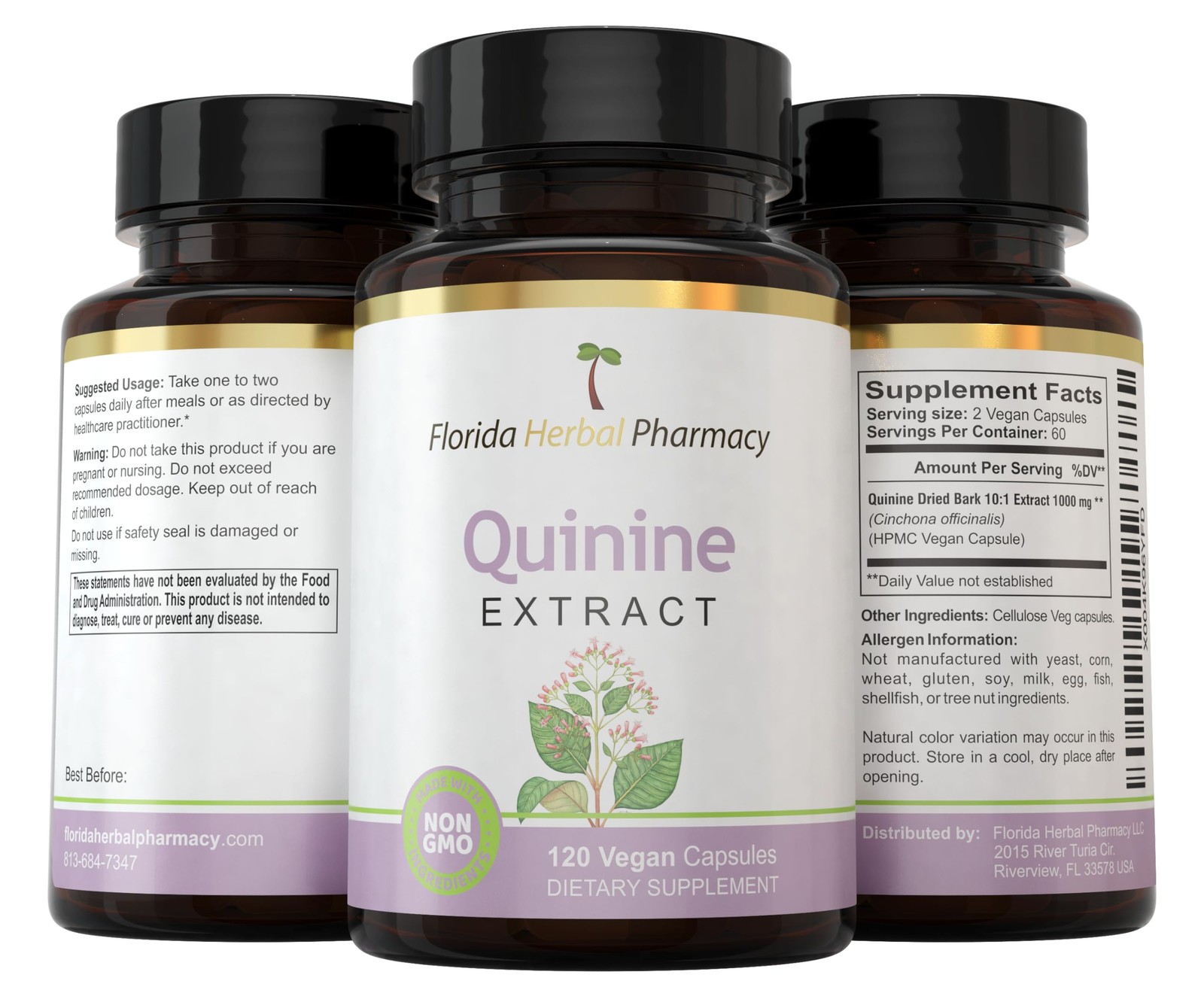Florida Herbal Pharmacy, Quinine Cinchona Dried Bark Extract Supplement Capsu…