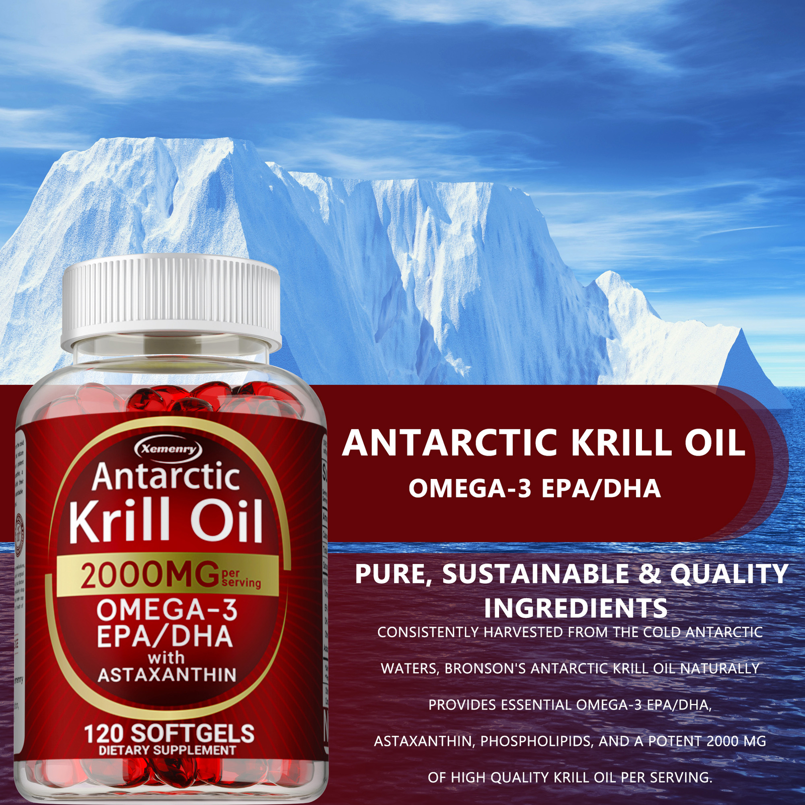 Antarctic Krill Oil 2000mg – Omega-3,EPA, DHA, Astaxanthin,Heart and Skin Health