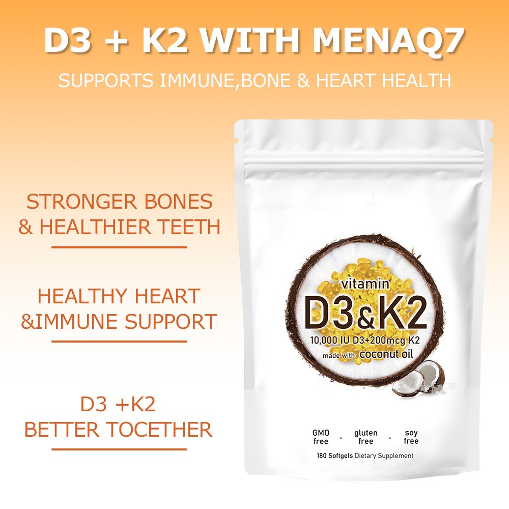 1 in 2 Vitamin D3 K2 Supplement Softgels 180 capsules 10000 IU VIT D3+K2 200 MCG