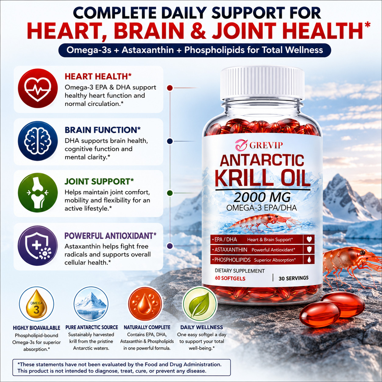 Antarctic Krill Oil 2000mg Omega 3, EPA, DHA, Astaxanthi For Heart, Brain, Joint
