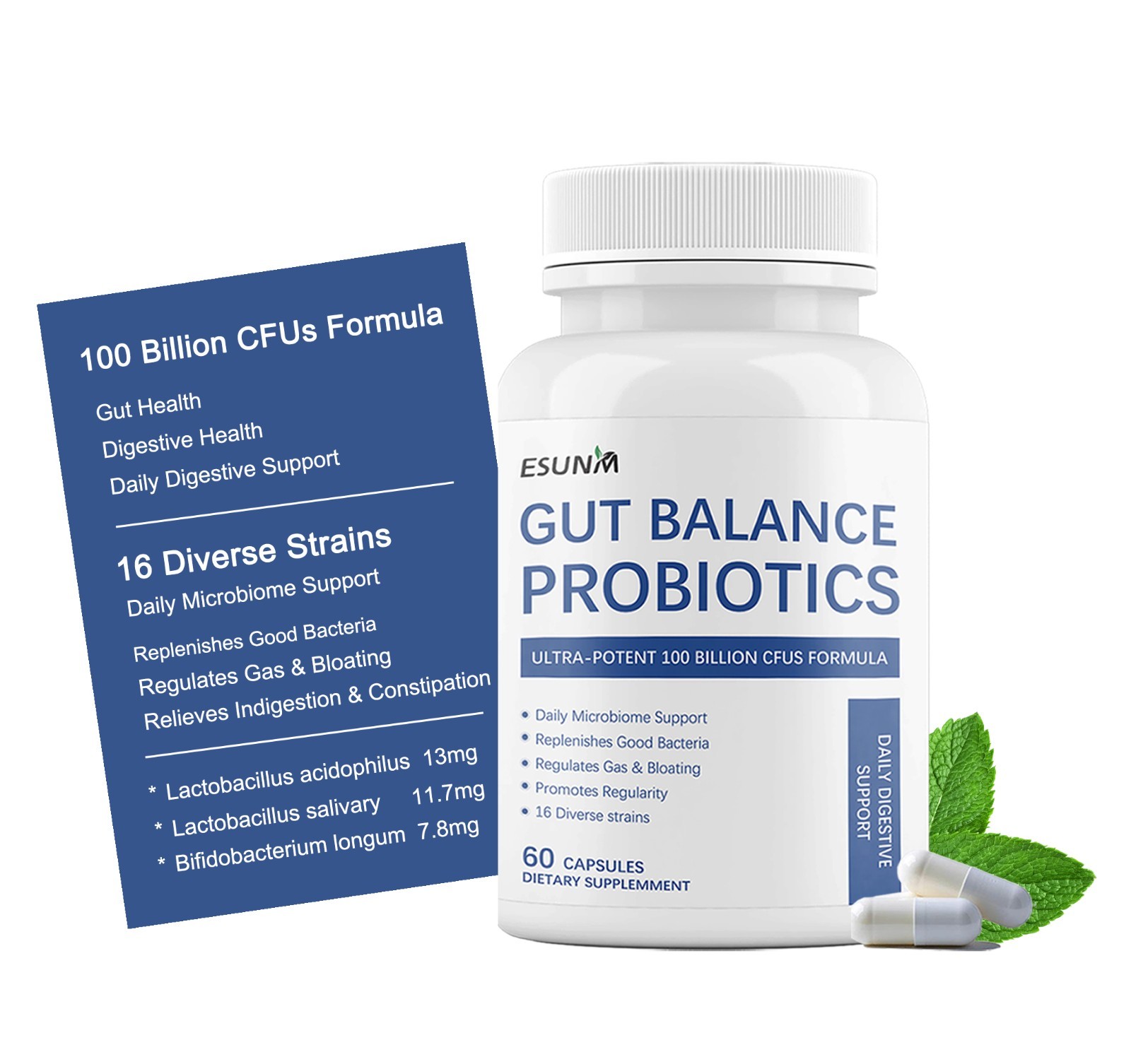 ESUNM 100 Billion Probiotics – For Digestive & Gut Health Supplement – 60ct