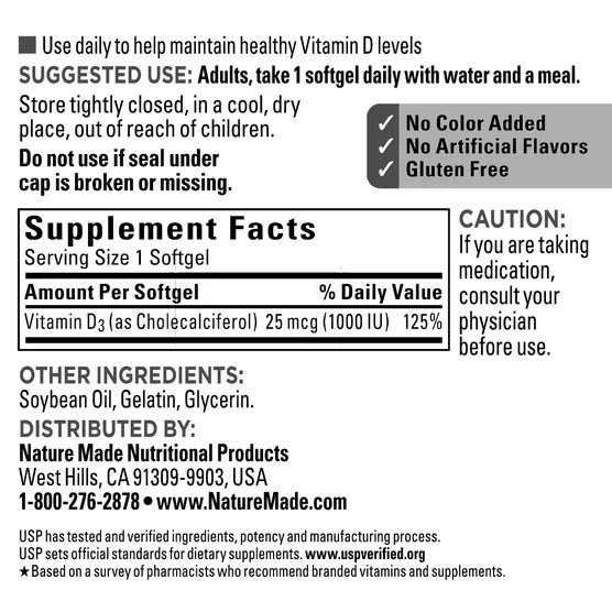 3 Pack Nature Made Vitamin D3 25 mcg. 1000 IU 650 Softgels