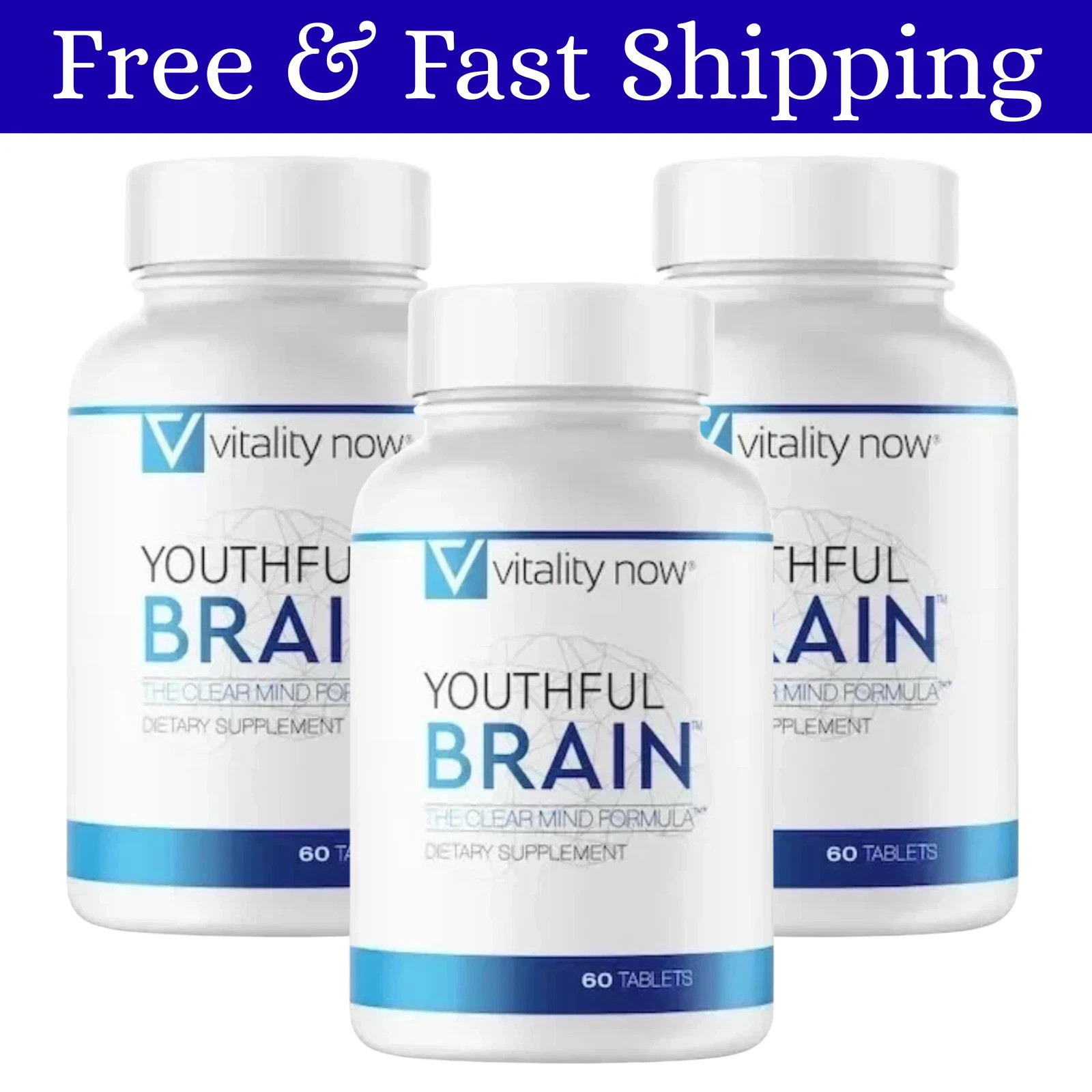 3 Packs Vitality Now Youthful Brain Memory Health Supplement Tablets – 60 Count.