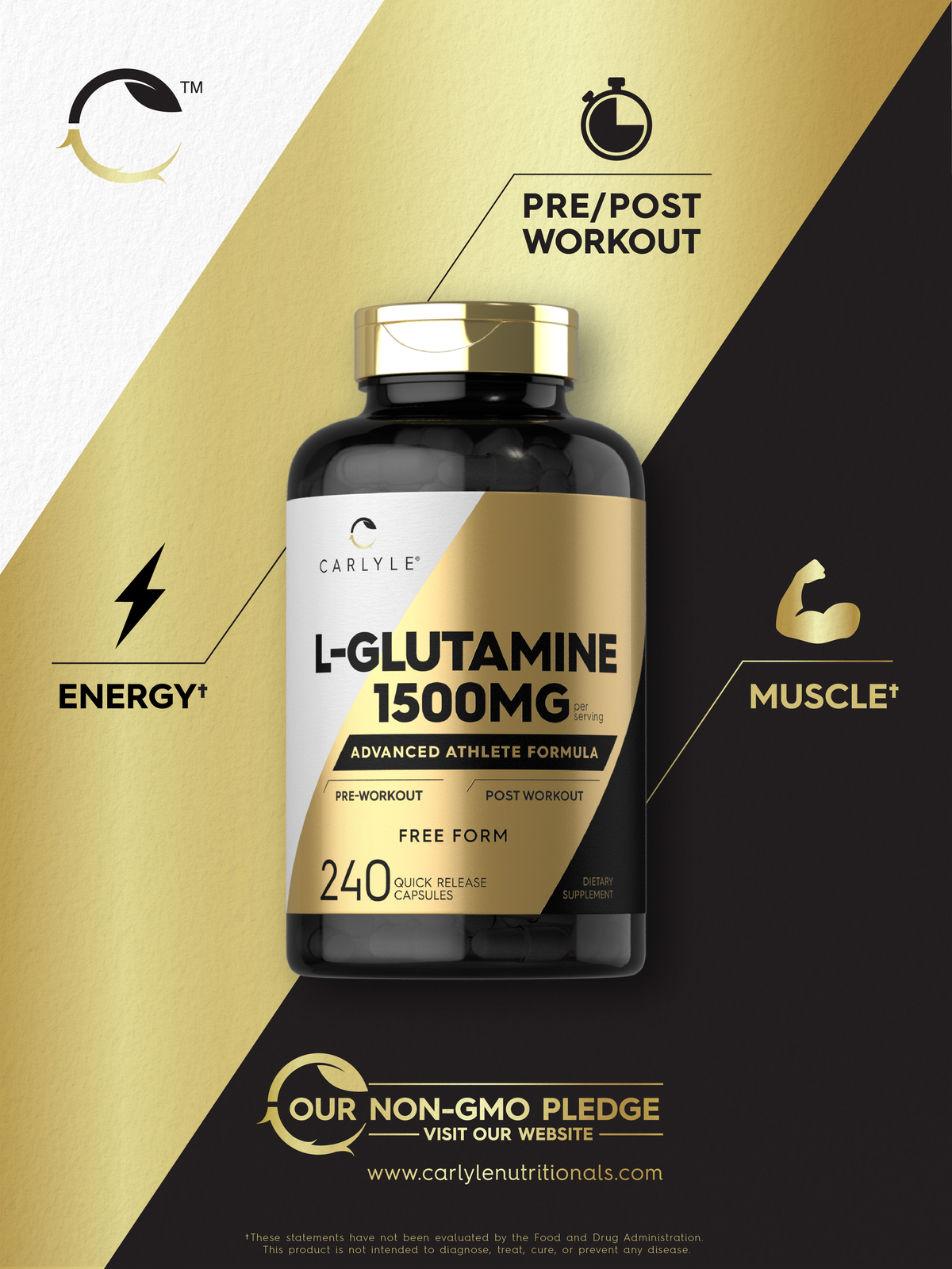 L Glutamine Capsules | 1500mg | 240 Count | Non-GMO, Gluten Free | by Carlyle