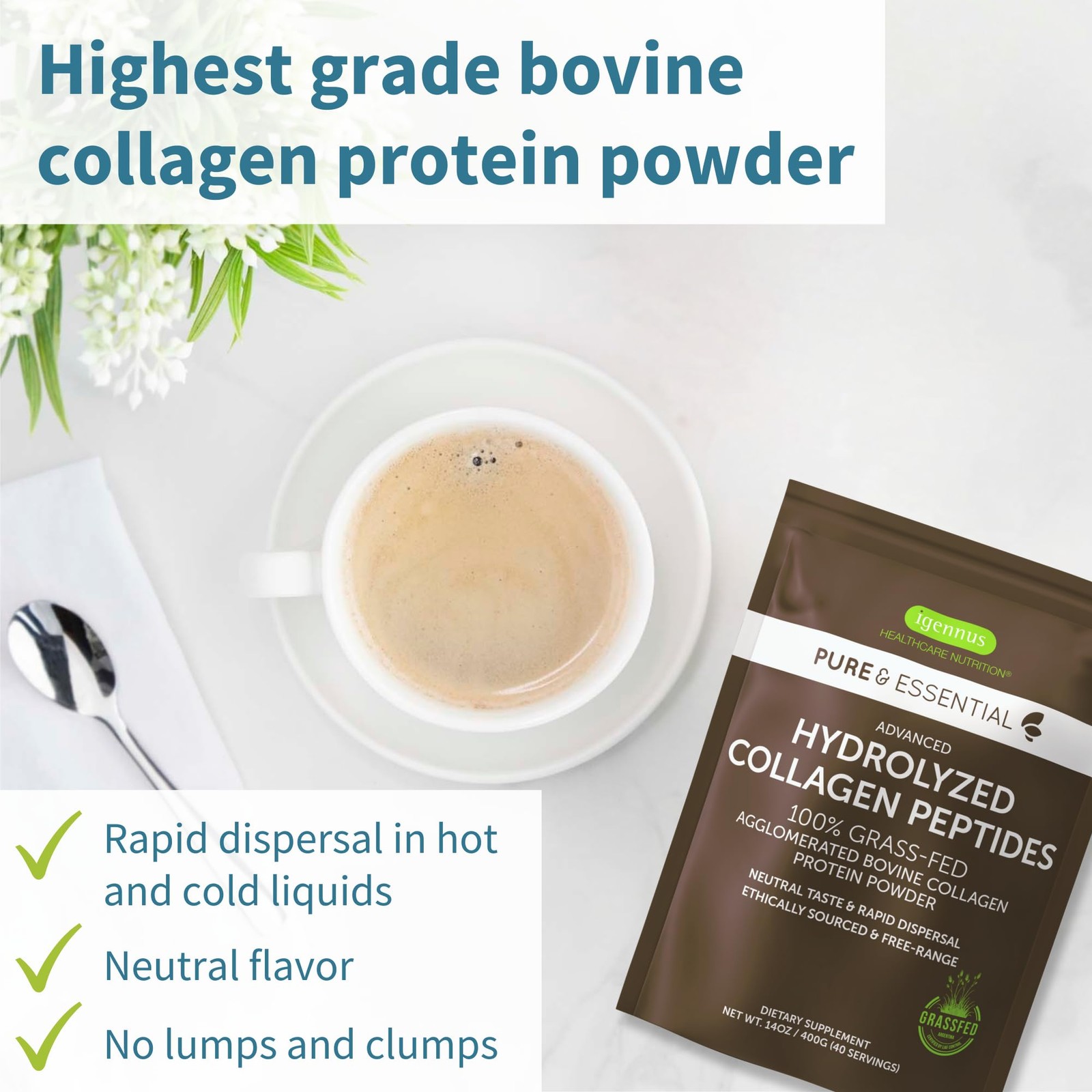 Igennus Free Range Grass Fed Hydrolyzed Bovine Collagen Peptides, Neutral Tas…