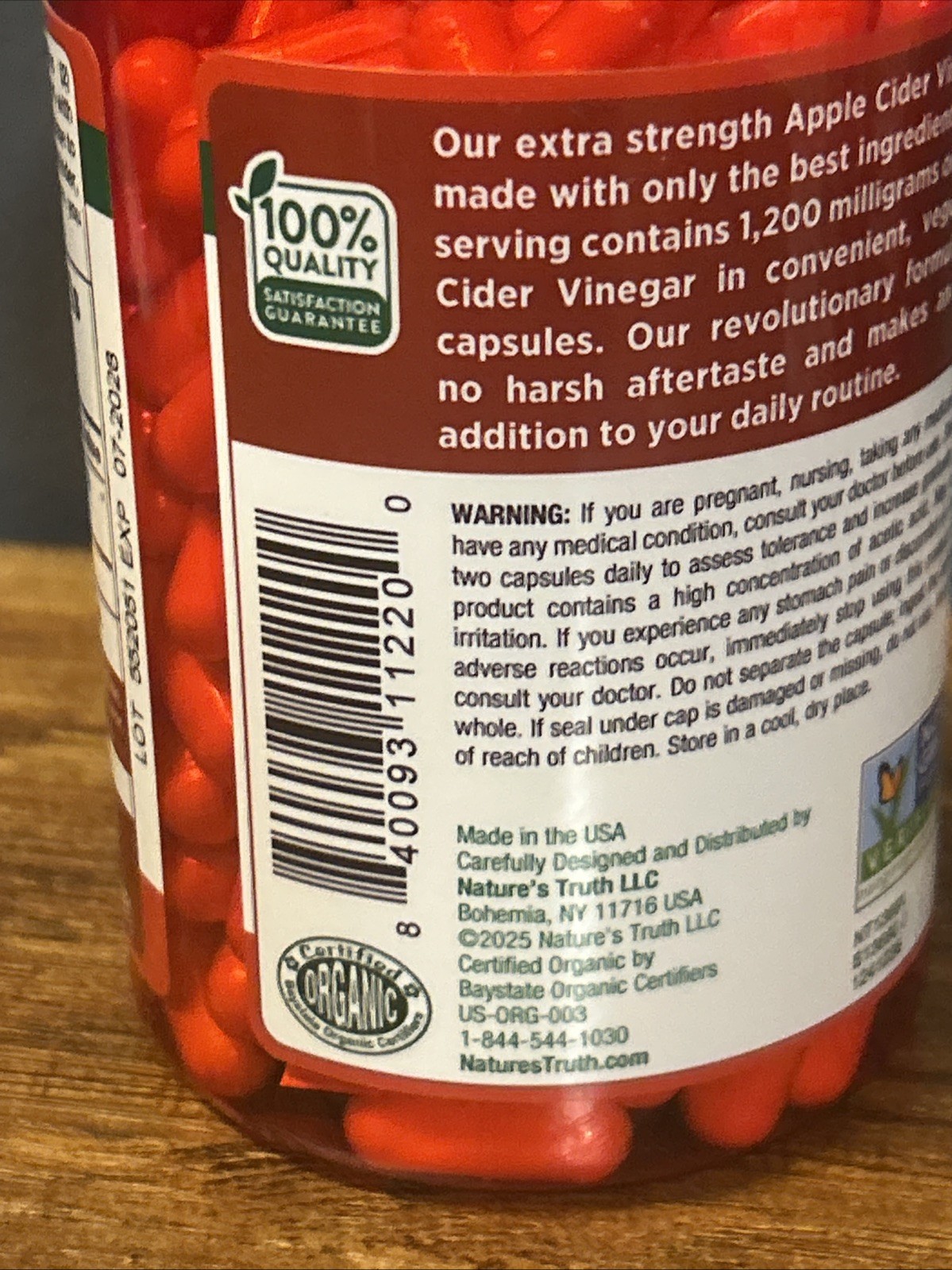 Nature’s Truth 1200mg Apple Cider Vinegar Capsules – 180 Count – Exp. 07/2028