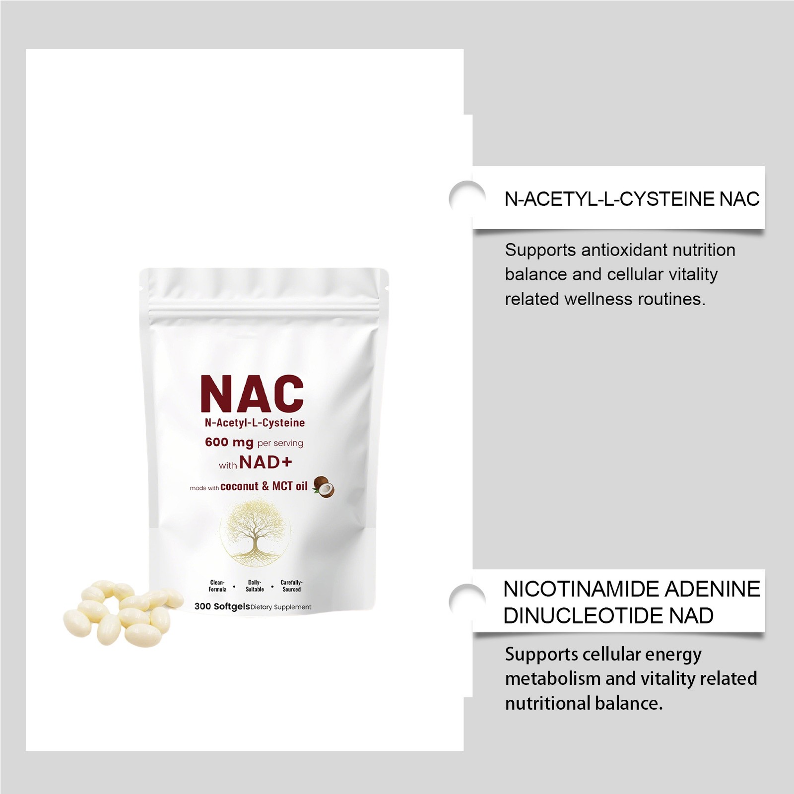 NAC 600mg with NAD+, 300 Coconut MCT Oil Softgels | L Acetyl N Cysteine & Nicoti
