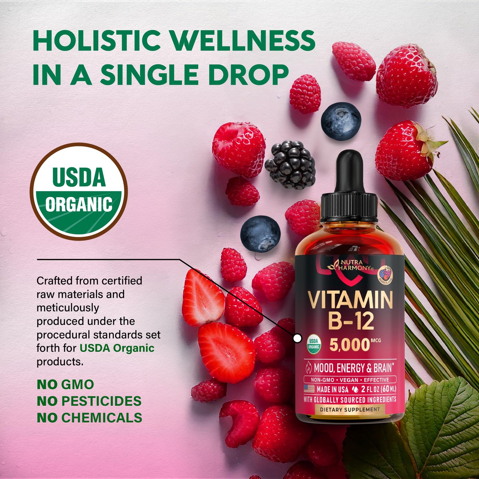 USDA Organic Vitamin B12 Sublingual Drops – 5000 mcg 2 Fl Oz (Pack of 1)
