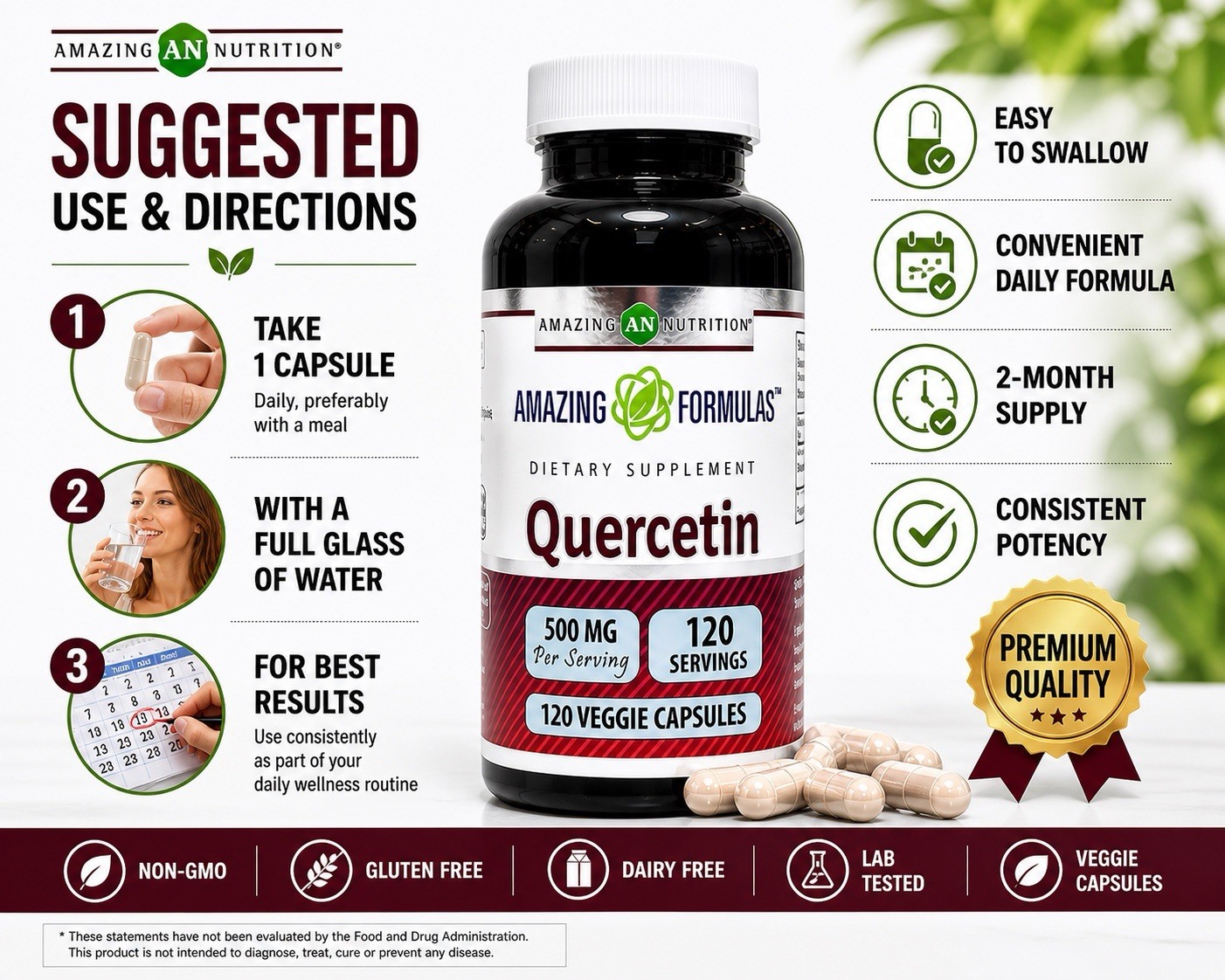 Amazing Formulas Quercetin 500 mg 120 Veggie Capsules Dietary Supplement