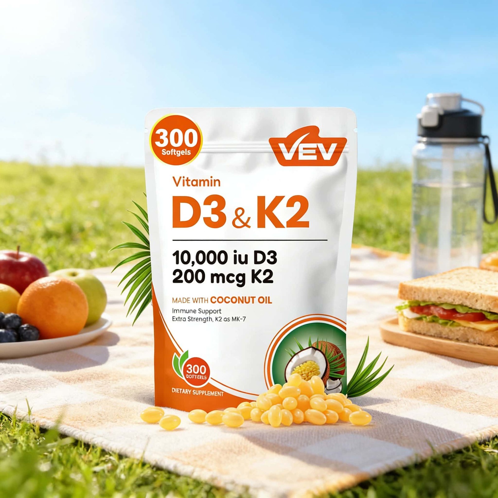 VEV Vitamin D3 Con K2 10000 IU, 300 Virgin Coconut Oil Softgels, 2 in 1 latest