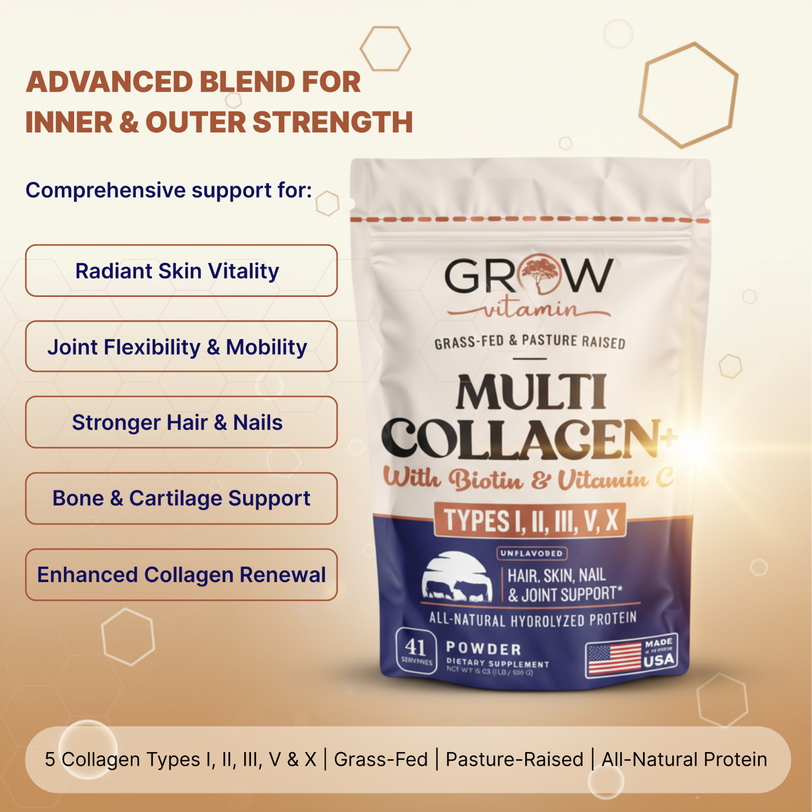 Grow Vitamin Beyond Collagen Multi Collagen Powder for Women – (41 Servings)