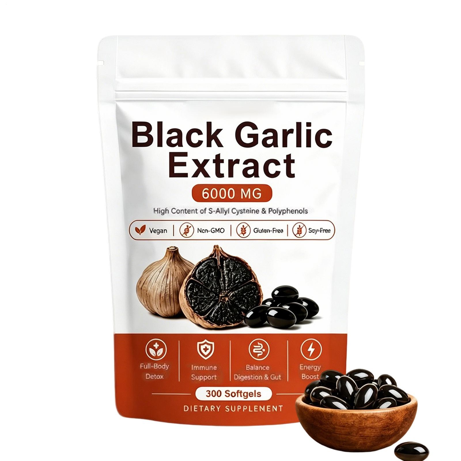 Black Garlic Extract Softgels 300ct, Odorless Vegan Non-GMO Supplement