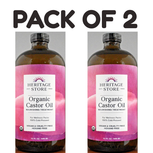 Heritage Store Organic Castor Oil – 32 fl oz (946 ml) – Glass Bottle – Pack of 2