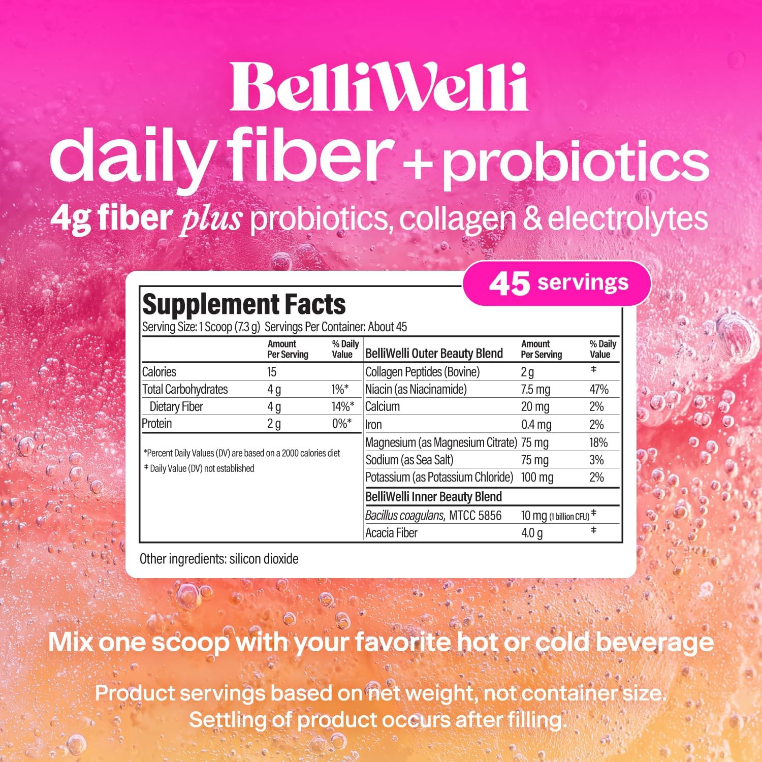 Belli Welli Daily Fiber Powder Collagen Probiotics Electrolytes 45 Servings..