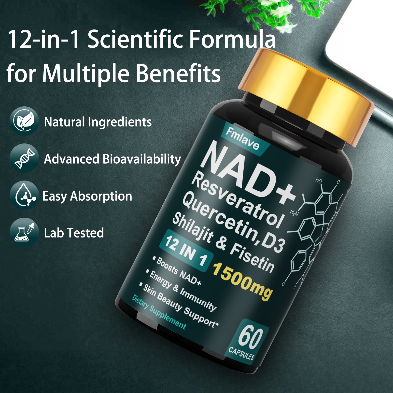 NAD+ Supplement Premium Nicotinamide Riboside & Resveratrol 1500mg, DNA Repair