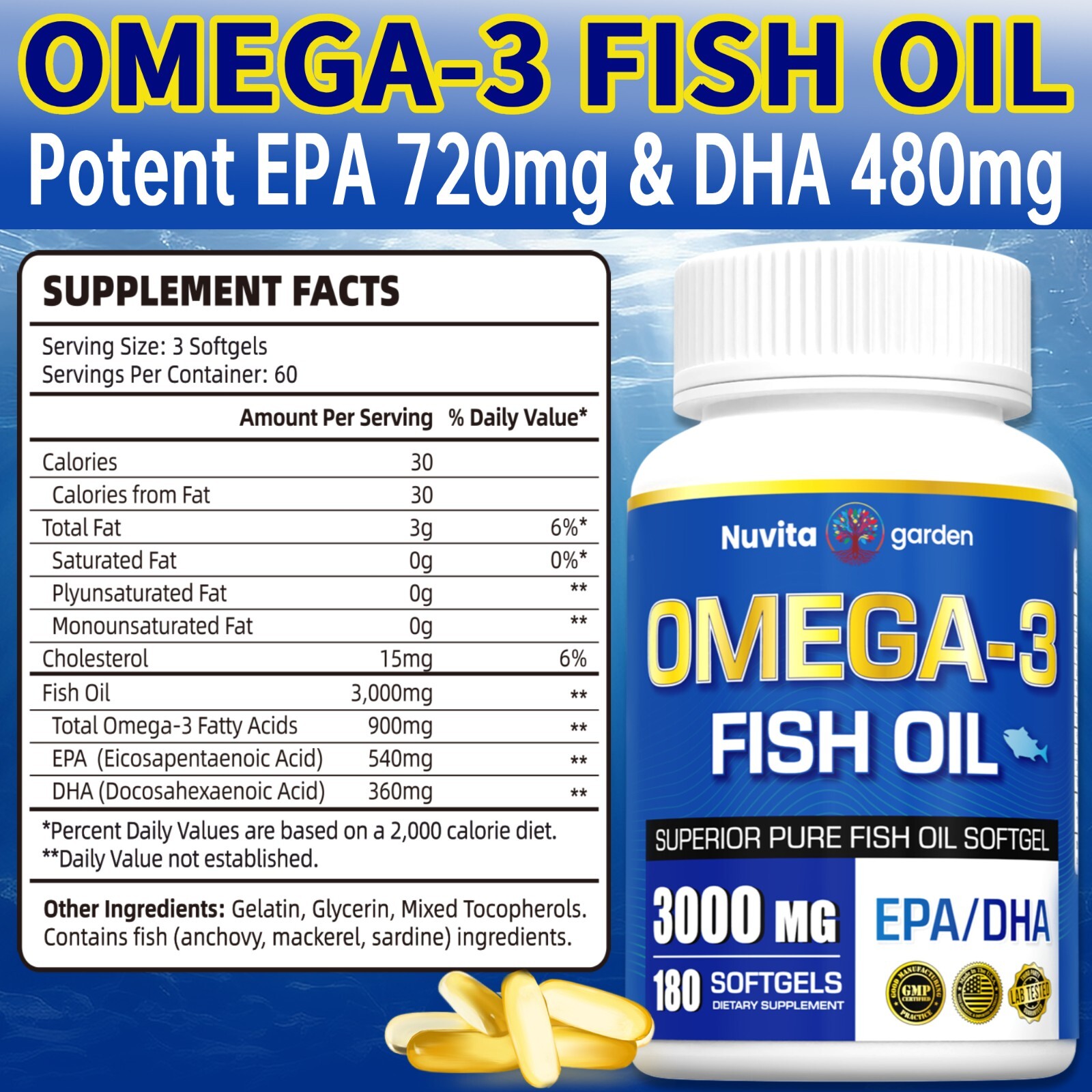 2 Pack 3000mg Omega 3 Fish Oil Supplement w/EPA & DHA,360 Softgels