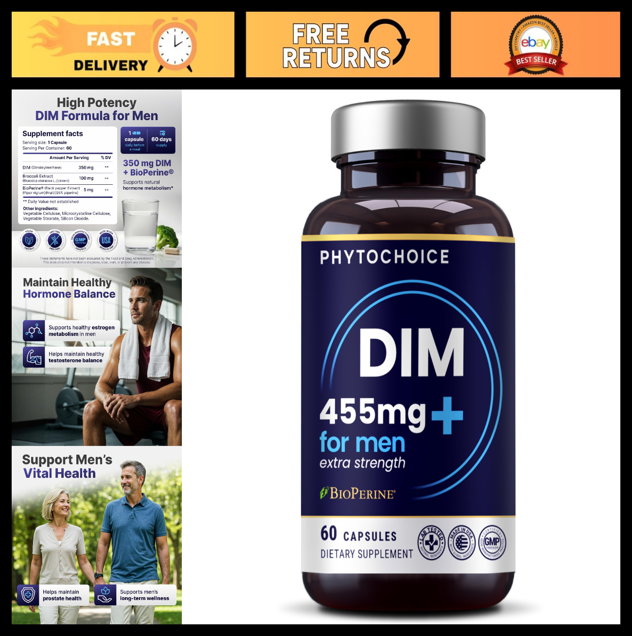 350mg DIM Supplement for Men – Estrogen Balance, Hormone Support, 60 Capsules
