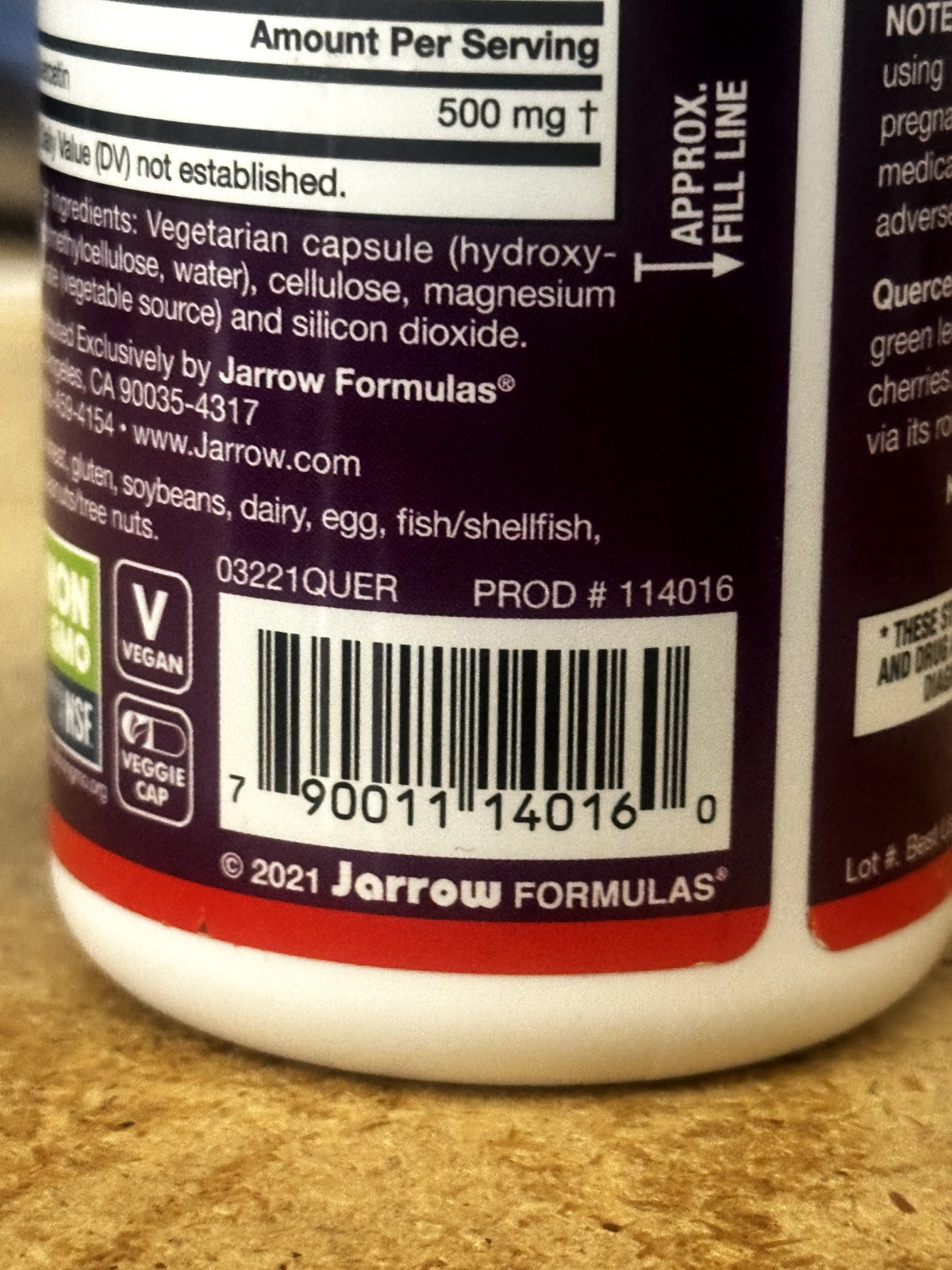 Jarrow Formulas Quercetin 500mg Vegetarian Dietary Supplement – 100 Capsules