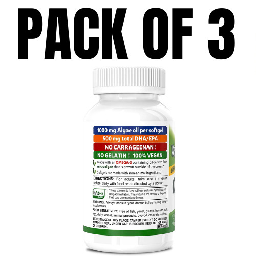 Vegan Omega-3 DHA EPA 1000 mg Algae Oil – 60 Count (Pack of 3)