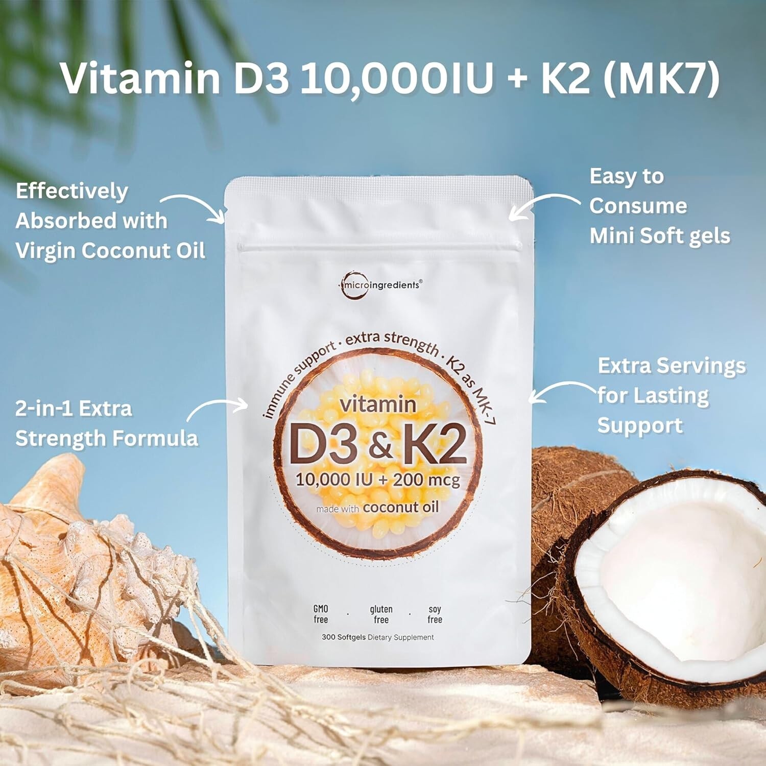 Easy-to-Swallow Coconut Oil Softgels: 2-in-1 D3 10,000 IU & K2 200 mcg Nutrition