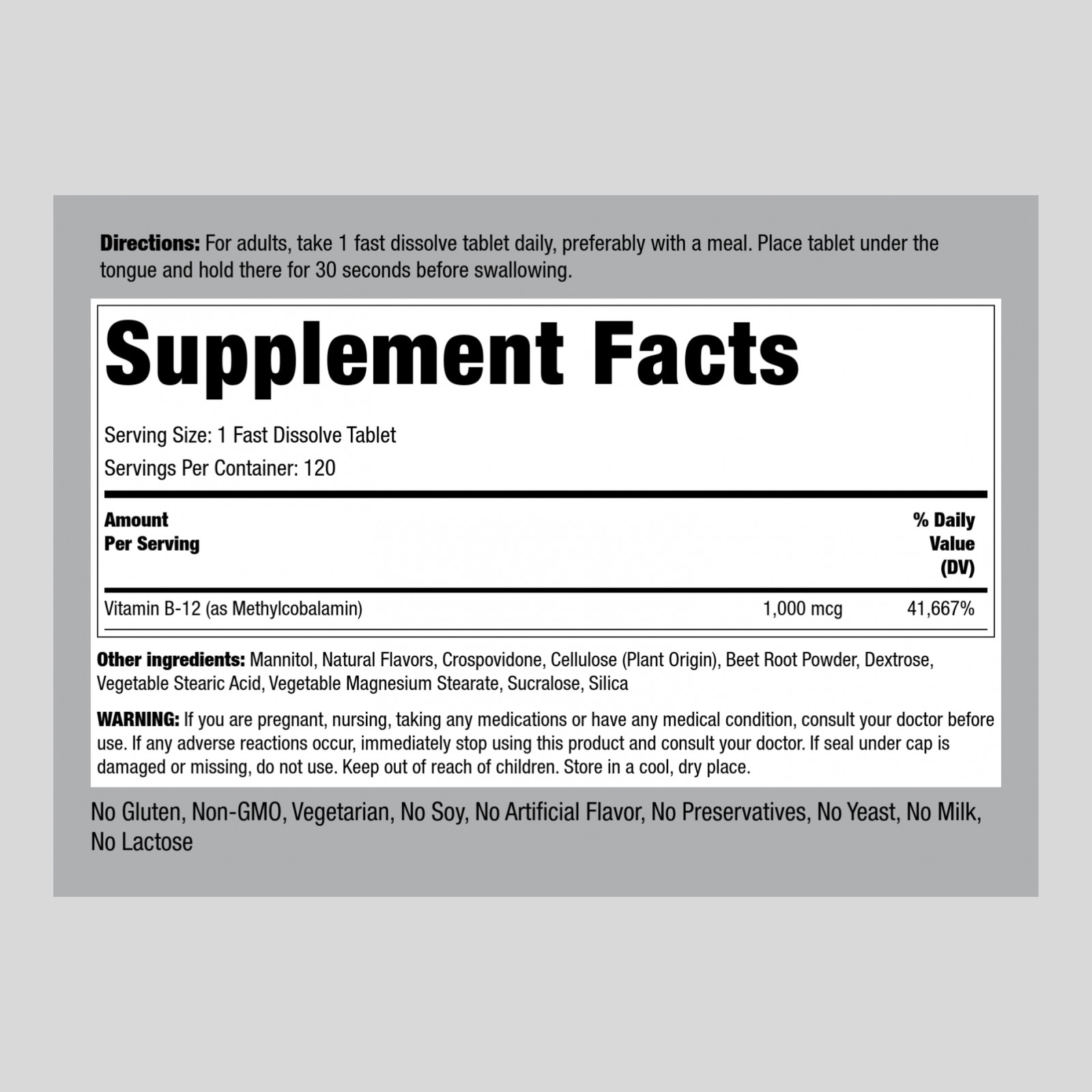 Vitamin B12 Sublingual | 1000 mcg | 120 Tablets | Non-GMO | by Piping Rock