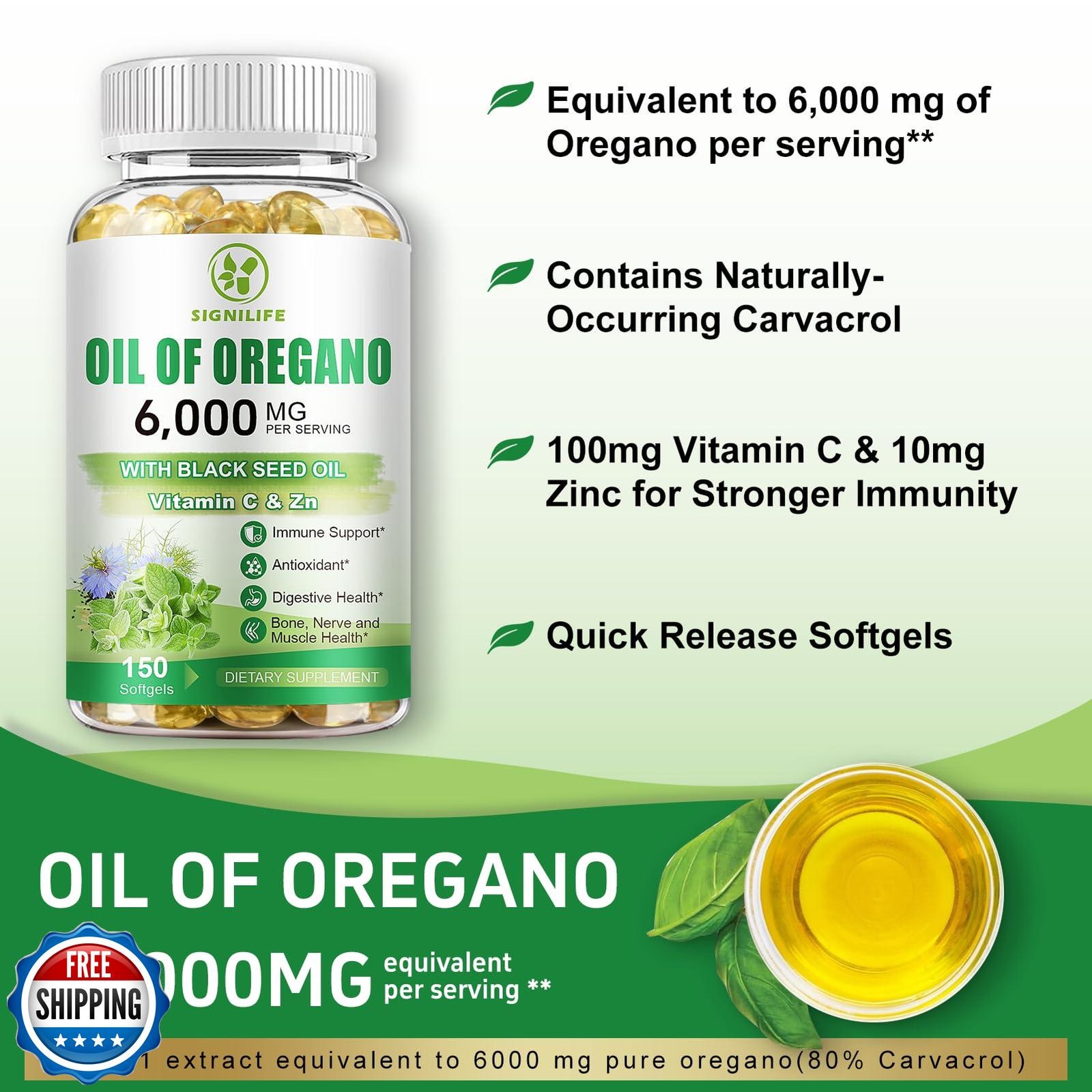 SIGNILIFE Oil of Oregano with Black Seed Oil, 6000mg Oregano Oil Capsules for