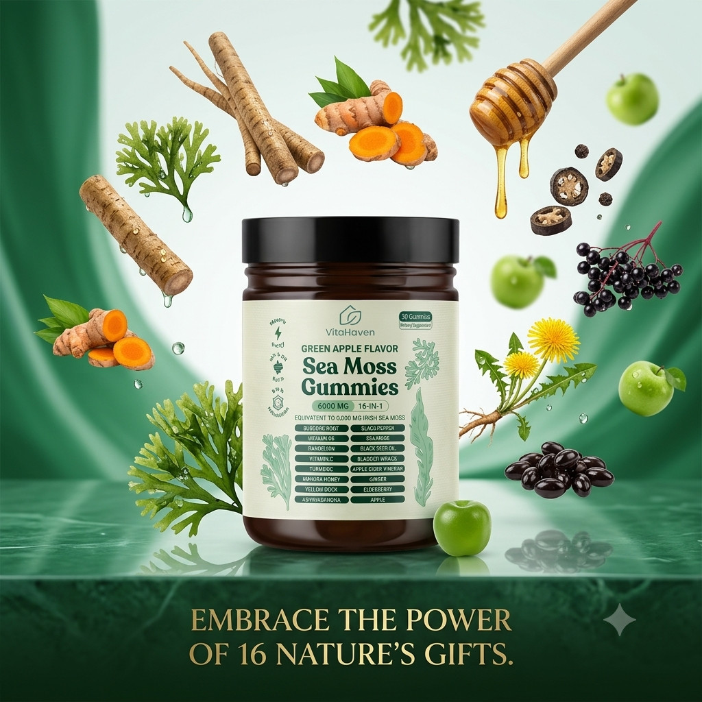 16 IN 1 Organic Sea Moss Gummy Irishmoss Extract 6000Mg | Green Apple Flavor US