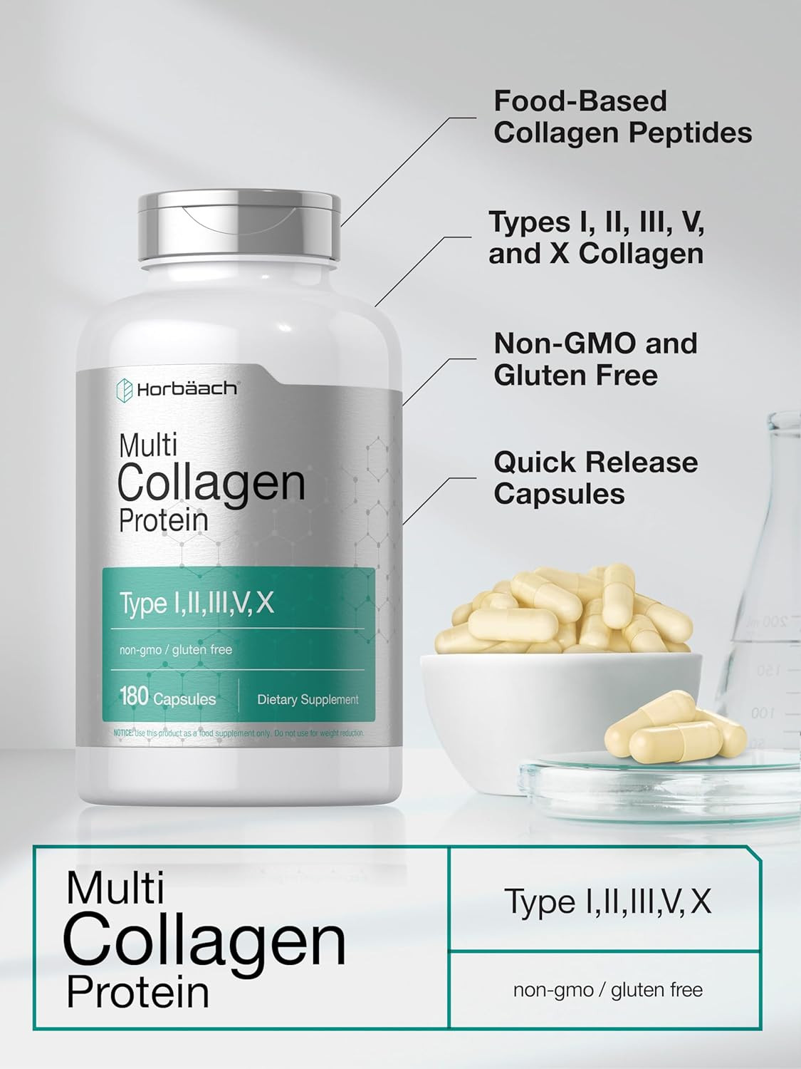 Multi Collagen Protein 2000 Mg | 180 Capsules | Hydrolyzed Collagen Type I, II,
