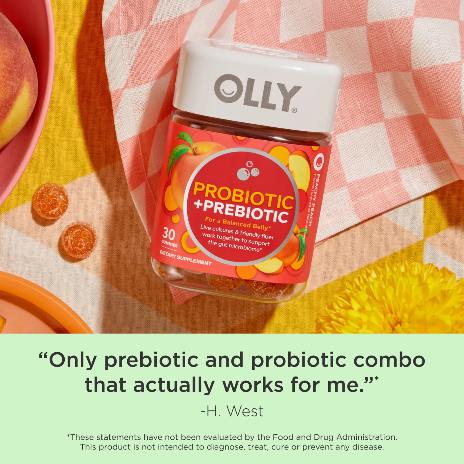 Probiotic + Prebiotic Fiber Gummy,Digestive + Gut Health Supplement,Peach, 30 Ct