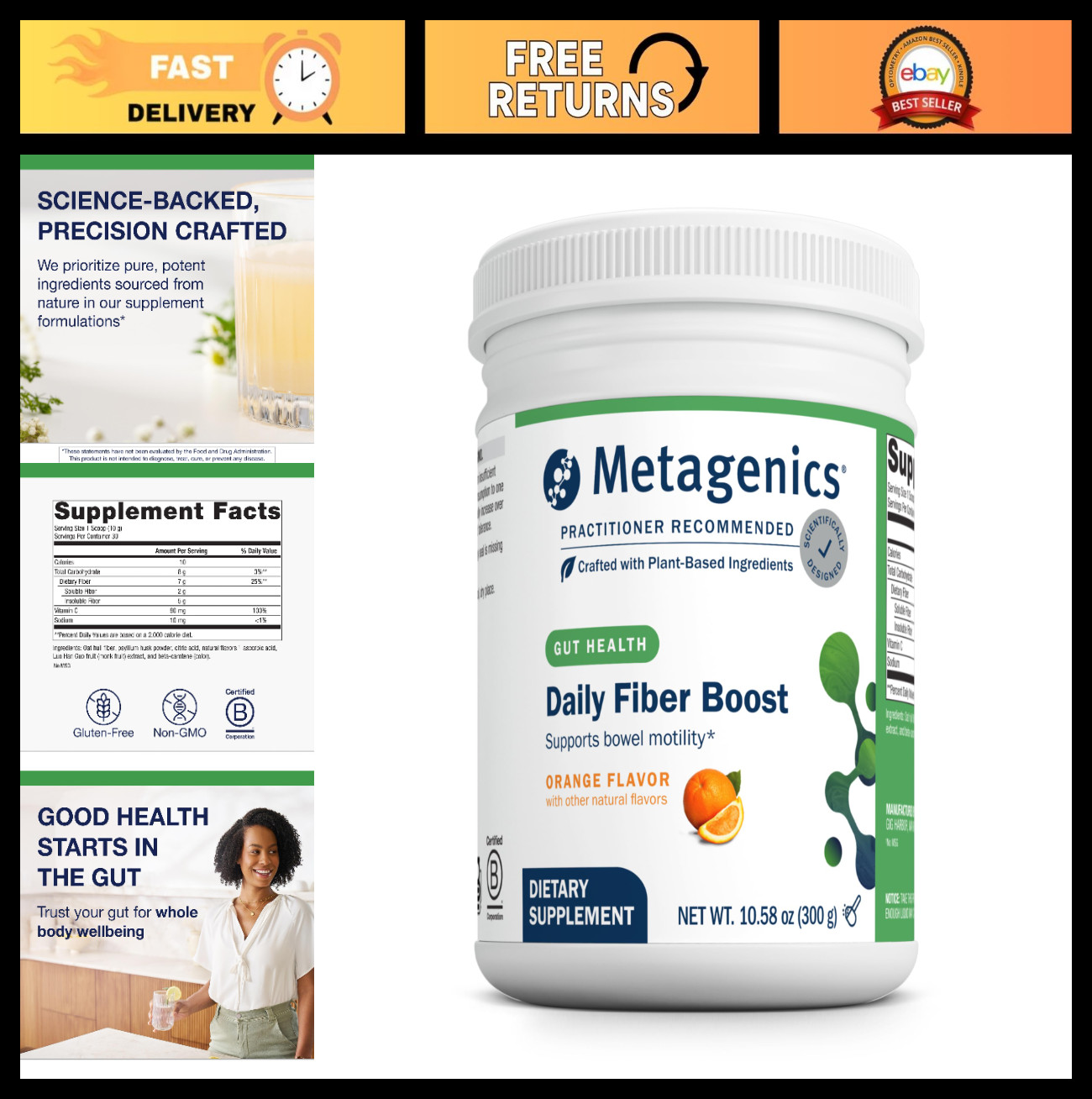Daily Fiber Boost Powder – Psyllium Fiber Supplement, Orange Flavor, 30 Servings