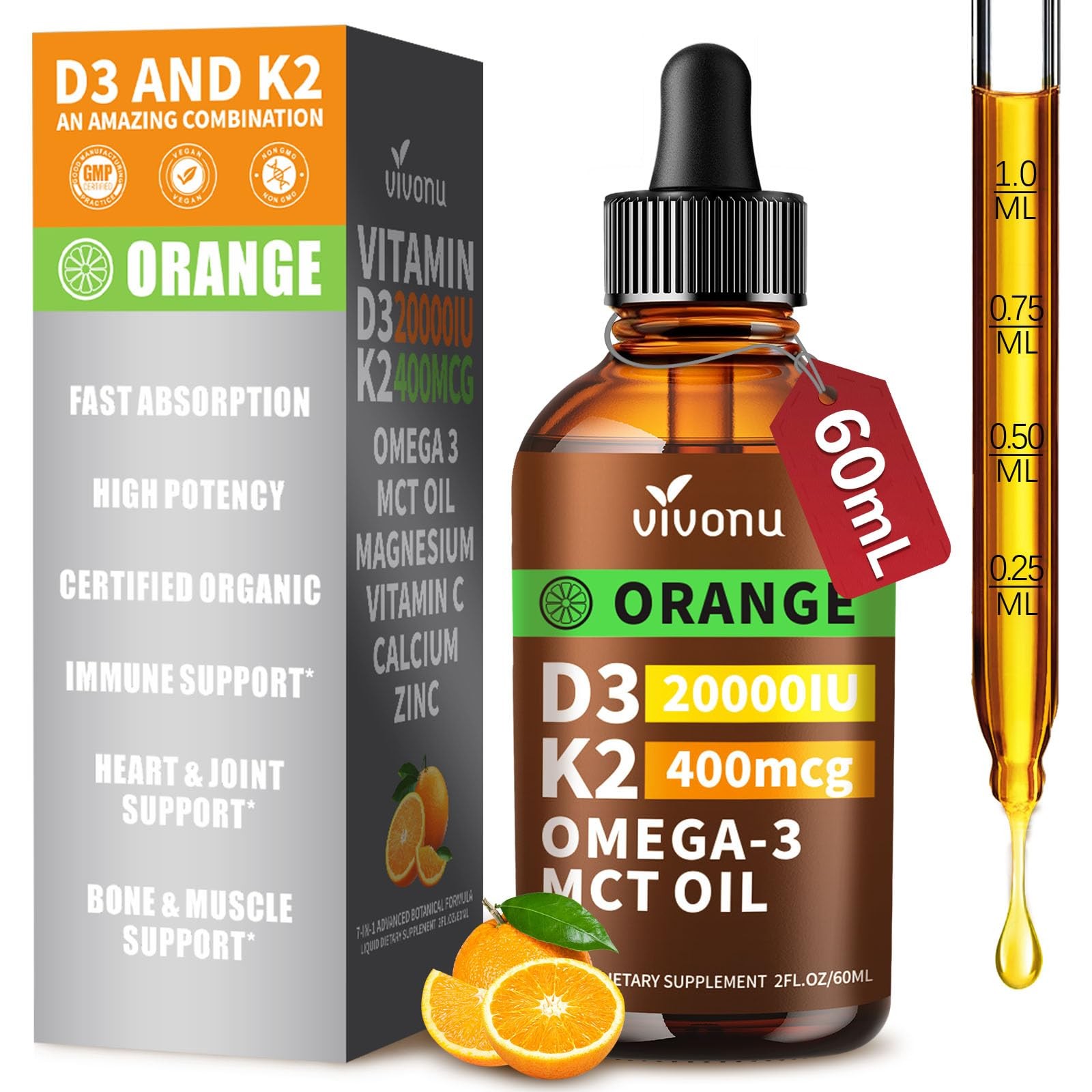 Vitamin D3 K2 Drops, 20000 IU & 2 Fl Oz (Pack of 1), 2 1)