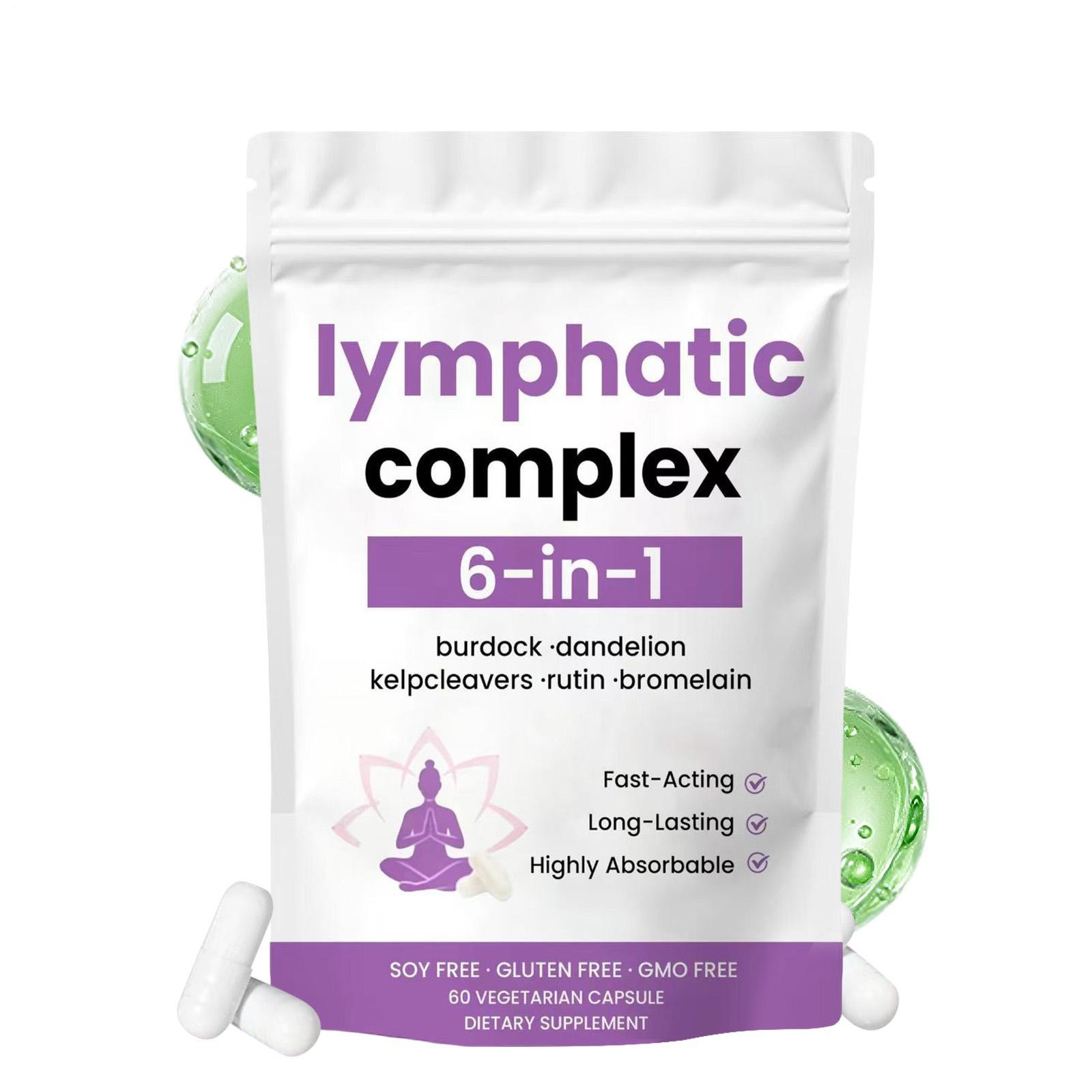 6-in-1 Lymphatic Complex Drainage Supplement 60 Pill Natural Plant Extract Count